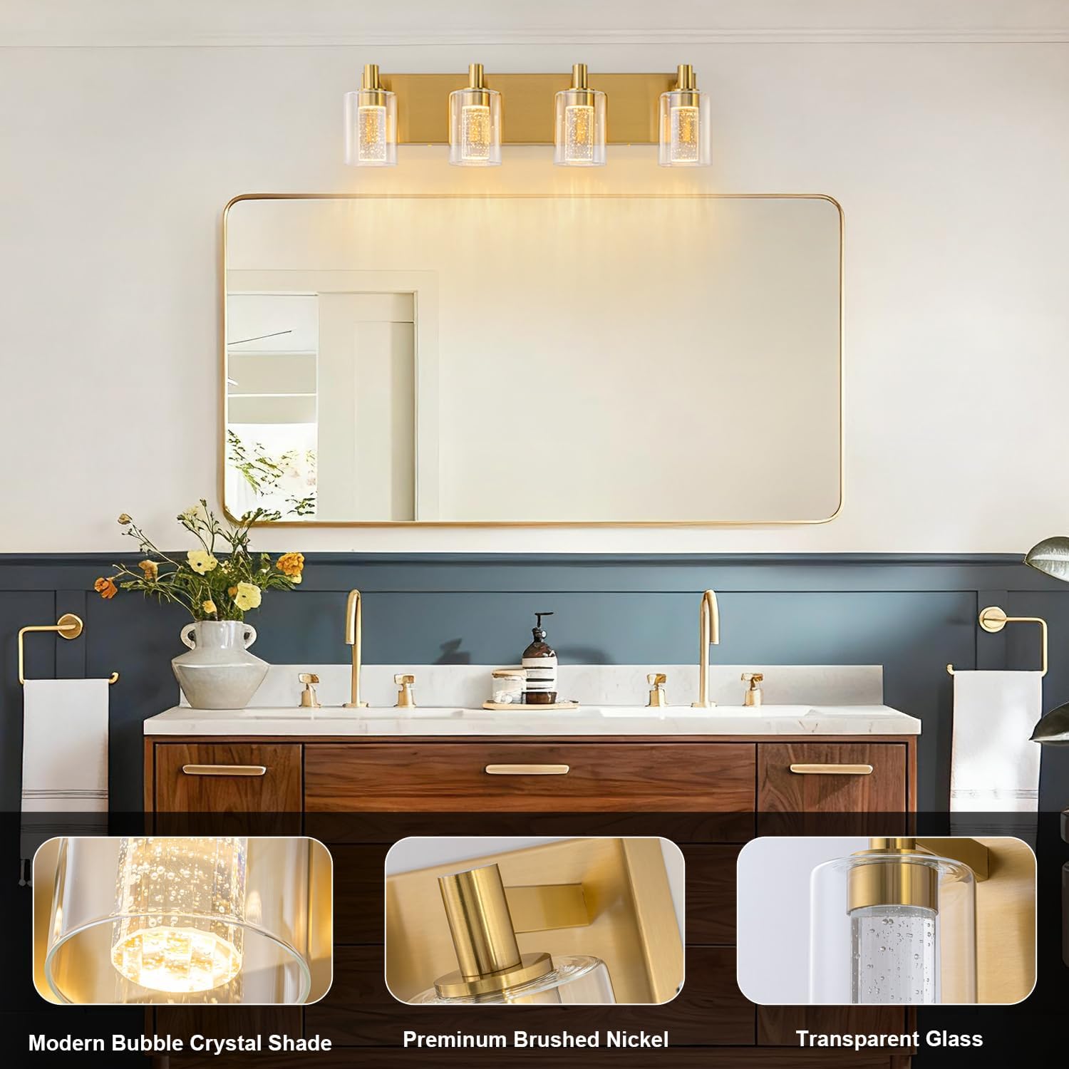 SineRise Vanity Light with 3 Color Modes (3000K/4000K/6000K), Eye Protection LED Bathroom Light Fixture, Dimmable Modern Wall Light Over Mirror with Clear Glass Shade (Gold, 4-Light)