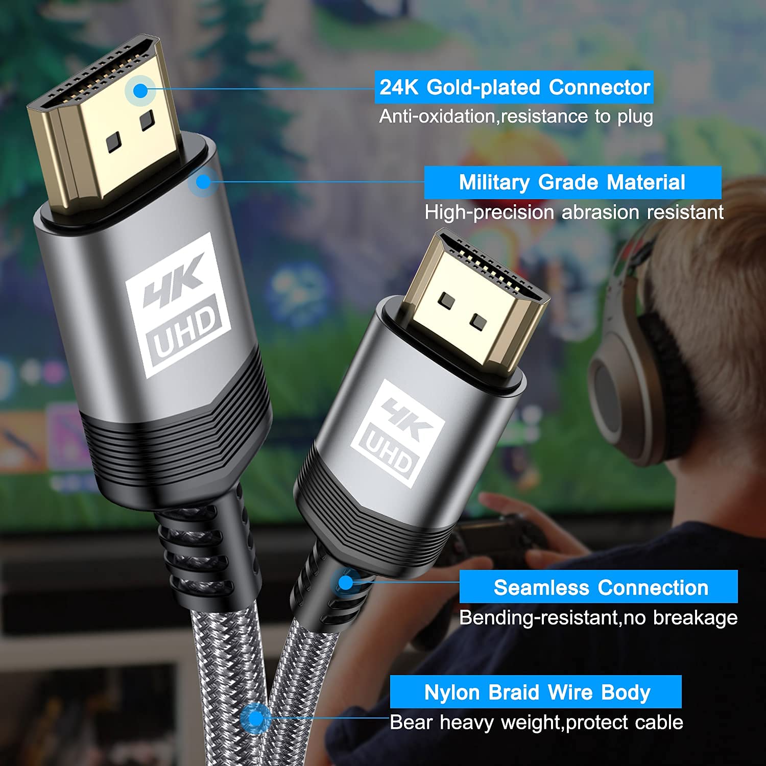 sweguard - Cable HDMI 4K 4K @60Hz 18Gbps de alta velocidad HDMI 2.0 Cable de nailon trenzado, conectores chapados en oro con Ethernet/canal de retorno de audio, compatible con vídeo 4K UHD 2160p, HD
