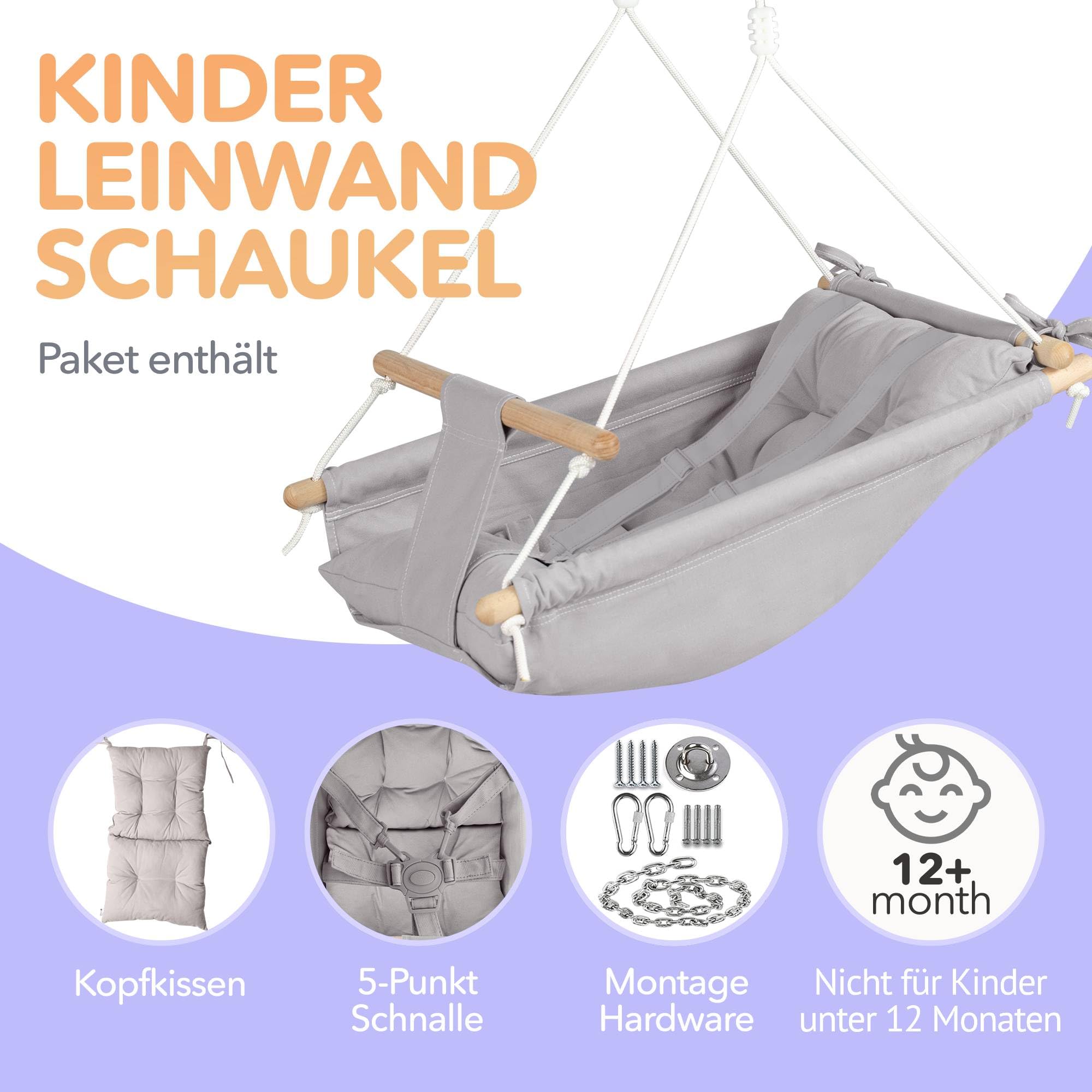 Leinwand Baby Hängematte Schaukel von Cateam - Taupegrau - Hängende Schaukel aus Holz für Baby mit Sicherheitsgurt und Montageteilen. Baby Hängemattenstuhl Geburtstagsgeschenk. (Taupegrau)
