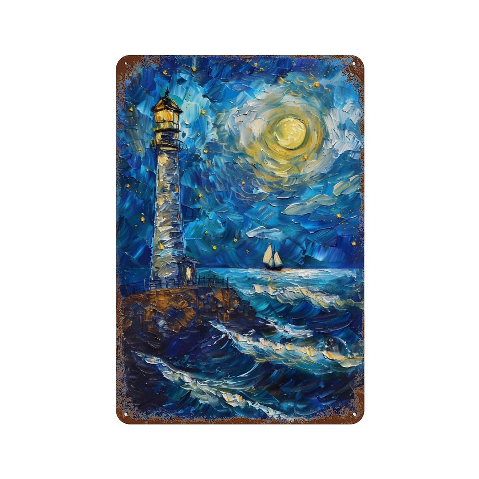 YHGERTKU Starry Night Style Lighthouse Ocean 03 Wall Art Retro Iron Vintage Metal Tin Sign Poster Modern Decor for Living Rooms Gift 30x20cm