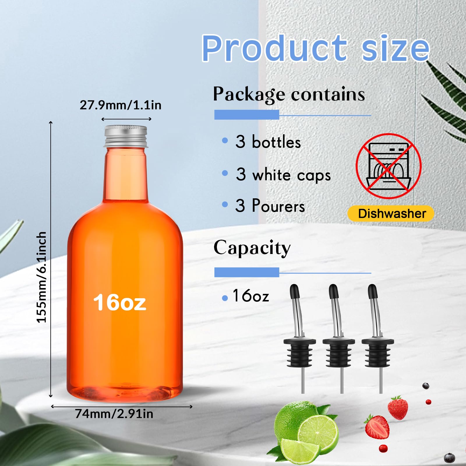 3 juegos de botellas de plástico de cuello largo de 16 onzas con vertedor y tapas, botellas de plástico para verter jugo con botella de acero inoxidable, boquilla cónica para licores y jugos, 2
