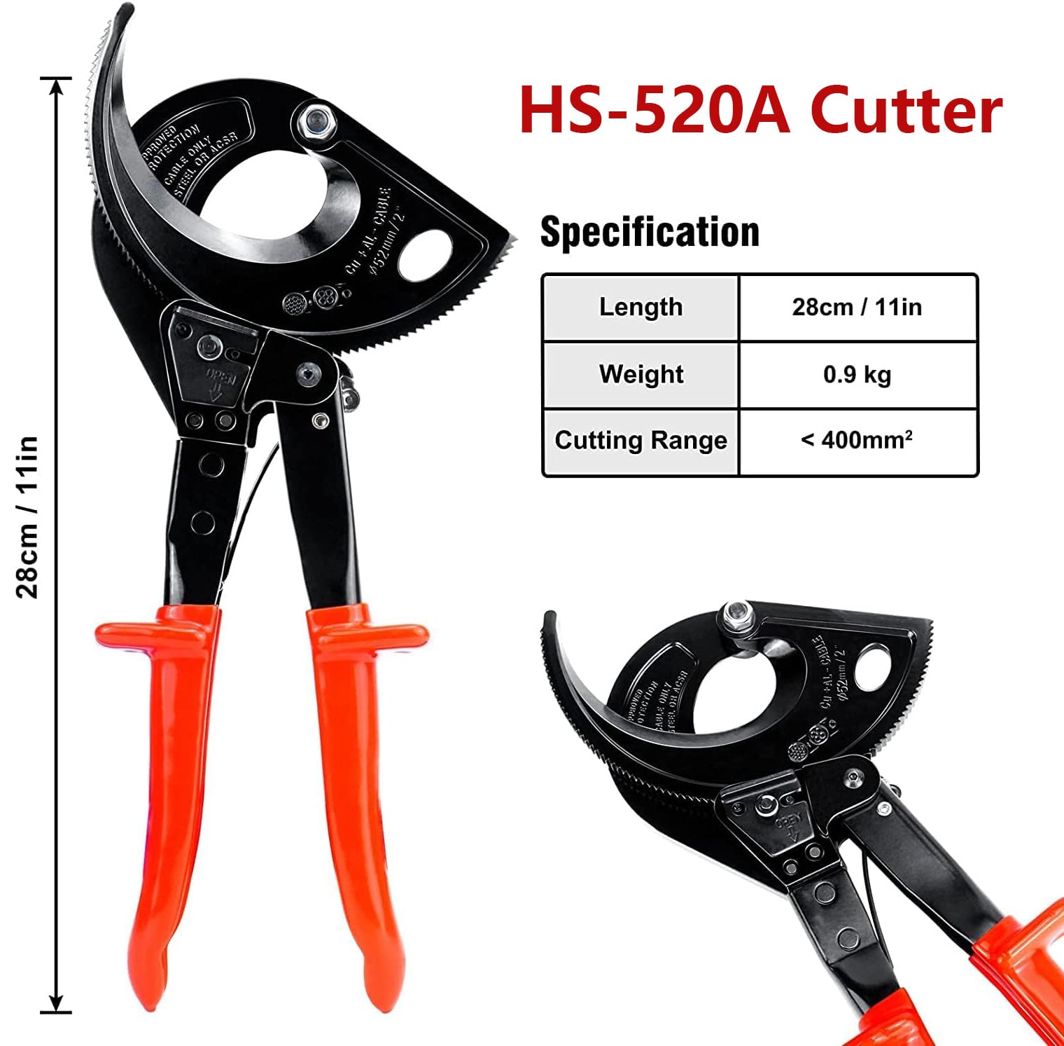 Coupe-câble à Cliquet Jusqu'à 400 mm², Coupeur de Câble 280 mm HS520A, Levier à Dégagement Rapide, pour Câble en Cuivre Aluminium
