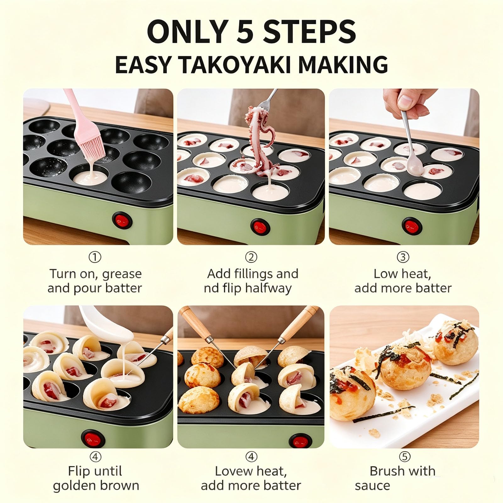 Appareil À Takoyaki 12 Trous, Poêle Électrique 800 W avec Couvercle, Contrôle Automatique De La Température, Revêtement Antiadhésif pour Préparer des Takoyaki, Œufs Au Plat, Beignets Et
