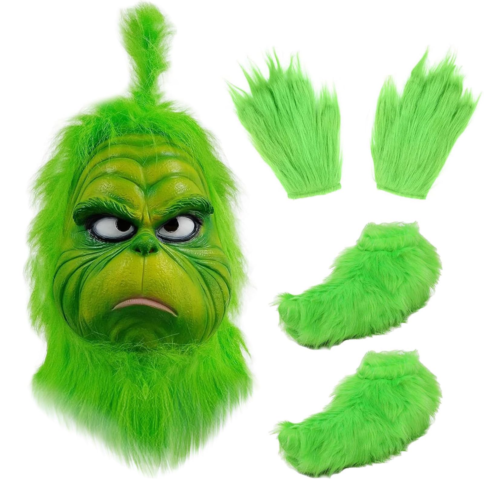 Makoike 3Pcs Green Monster Mask Gloves Shoe Covers Furry Monsters Full Head Mask Christmas Halloween Carnival Cosplay Costume Props (A)