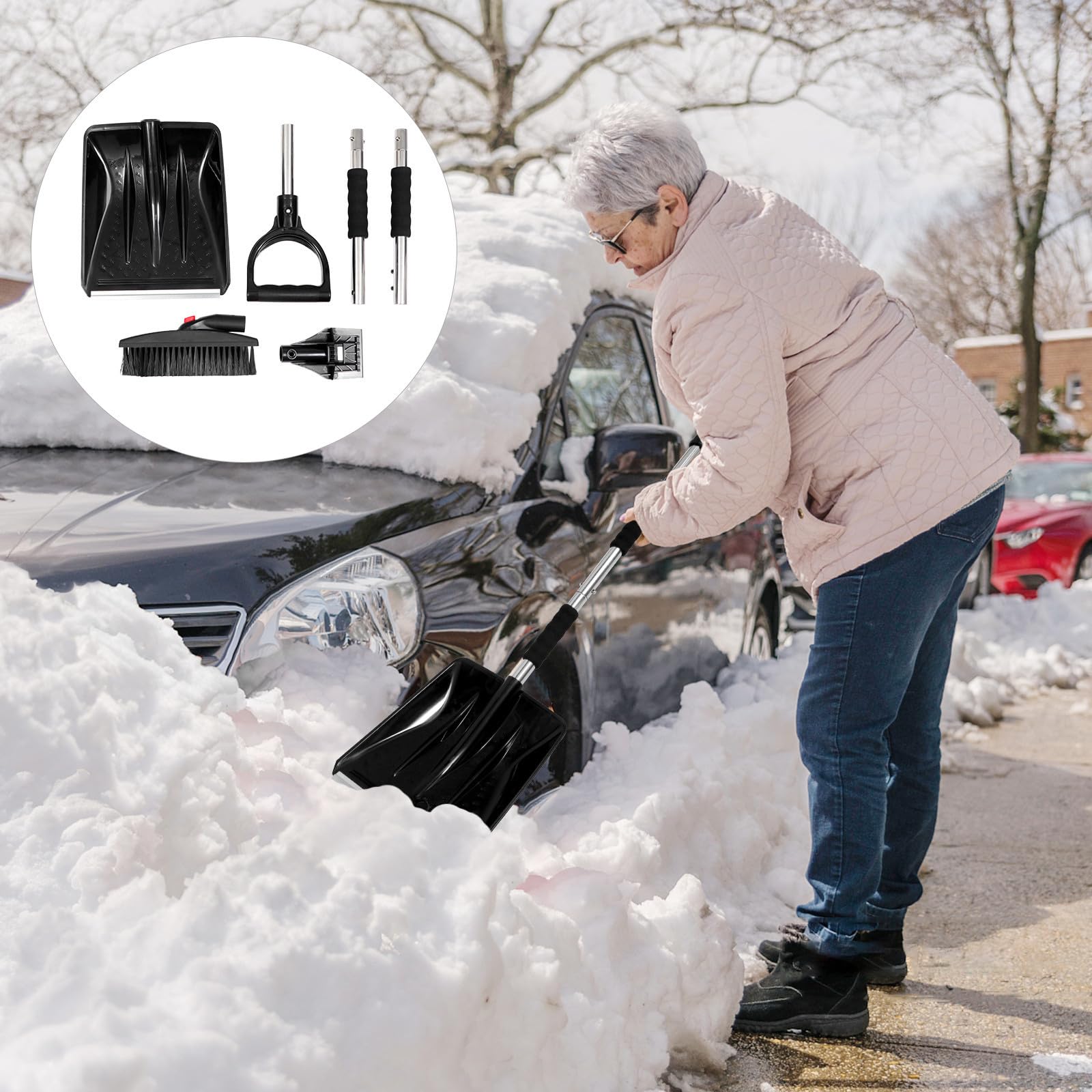 Ciieeo Fahrzeug Eiskratzer Schneeschaber aus Edelstahl Schwarz Teleskopisch rutschfest für Auto Winter Schnee und EIS