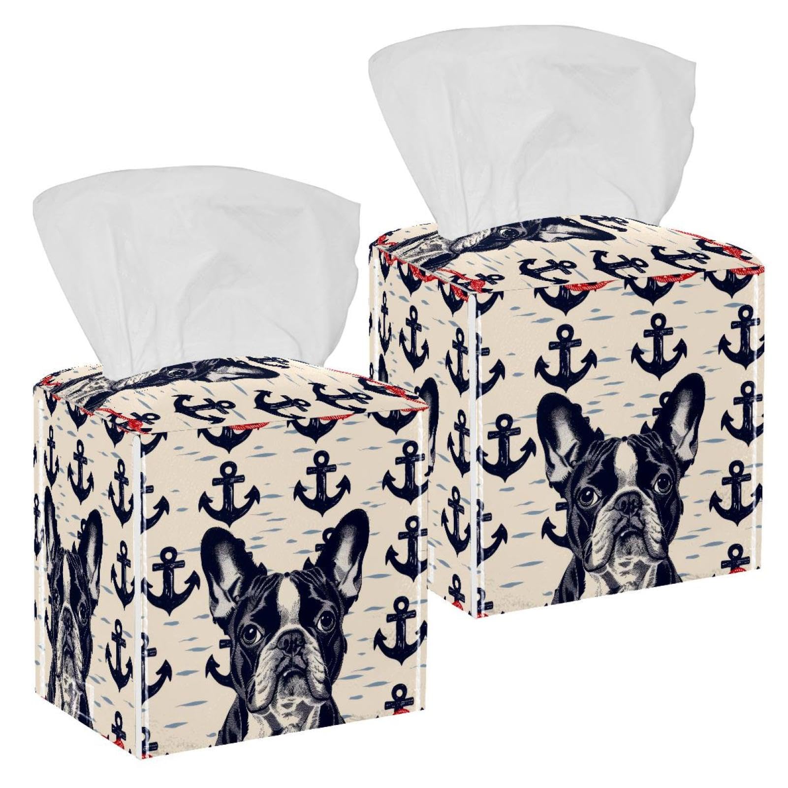 Bulldog Anchor Tissue Box Cover, 2 Pack PU Leather Square Facial Tissue Dispenser Box holder for Home Office Car