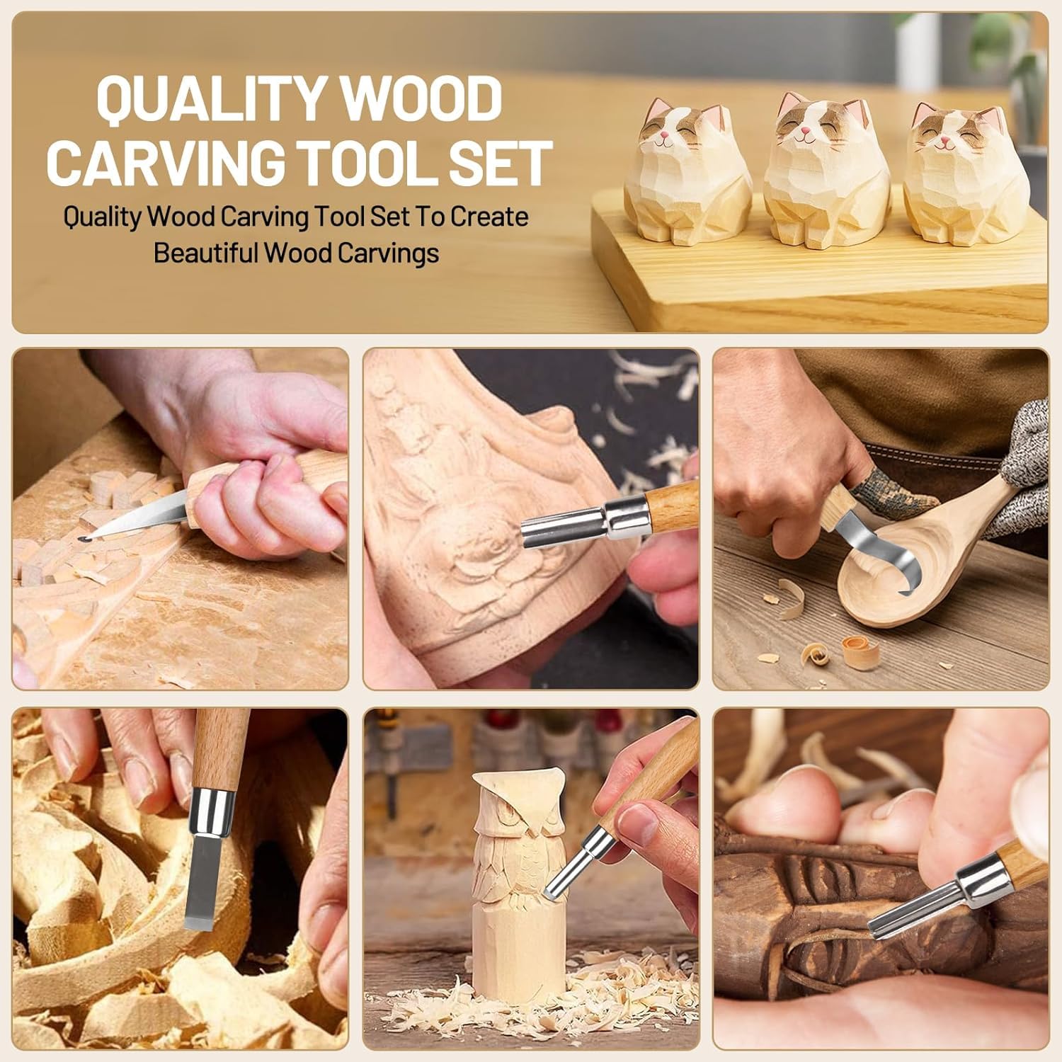 25PCS Set d'outils de sculpture sur bois,Ensemble d'outils de sculpture avec Gants Résistants aux Coupures, Manche et Pierre à Aiguiser, Pour les Débutants et les Professionnels