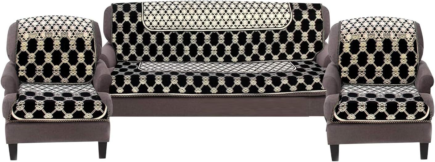 Nendle Luxurious Cotton Abstract Design 5 Seater Sofa Cover Set for Living Room (Black, 6 Pieces)