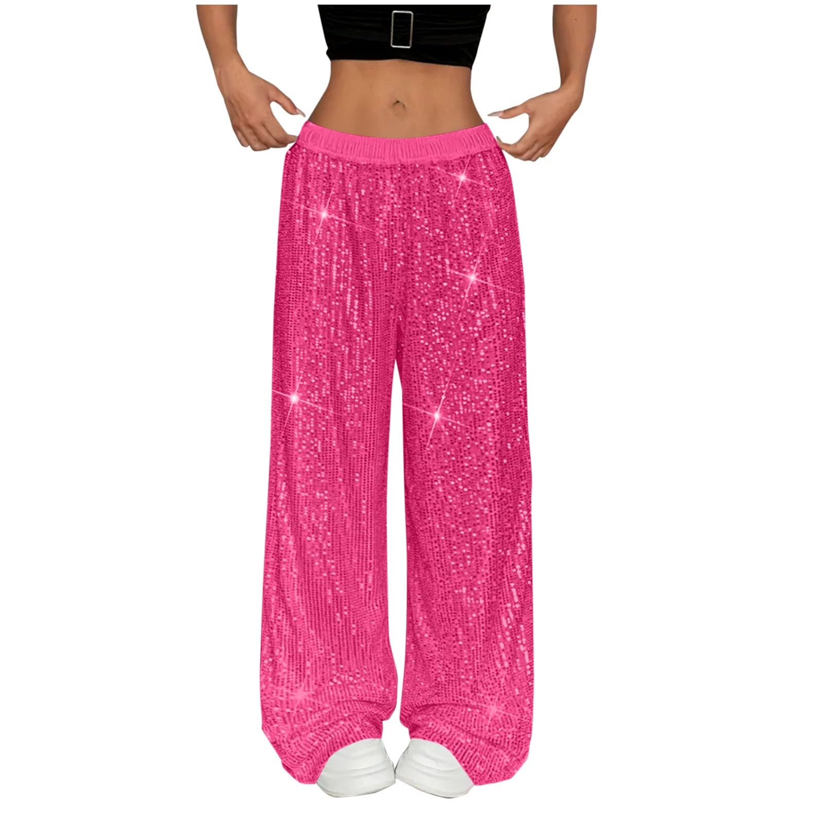 Cocila Womens Sparkly Sequin Pants Y2K Glitter High Waisted Wide Leg Long Pants Bling Party Clubwear 70s Disco Flare Trousers Party, Hip hop Casual Loose Dancewear Hot Pink S