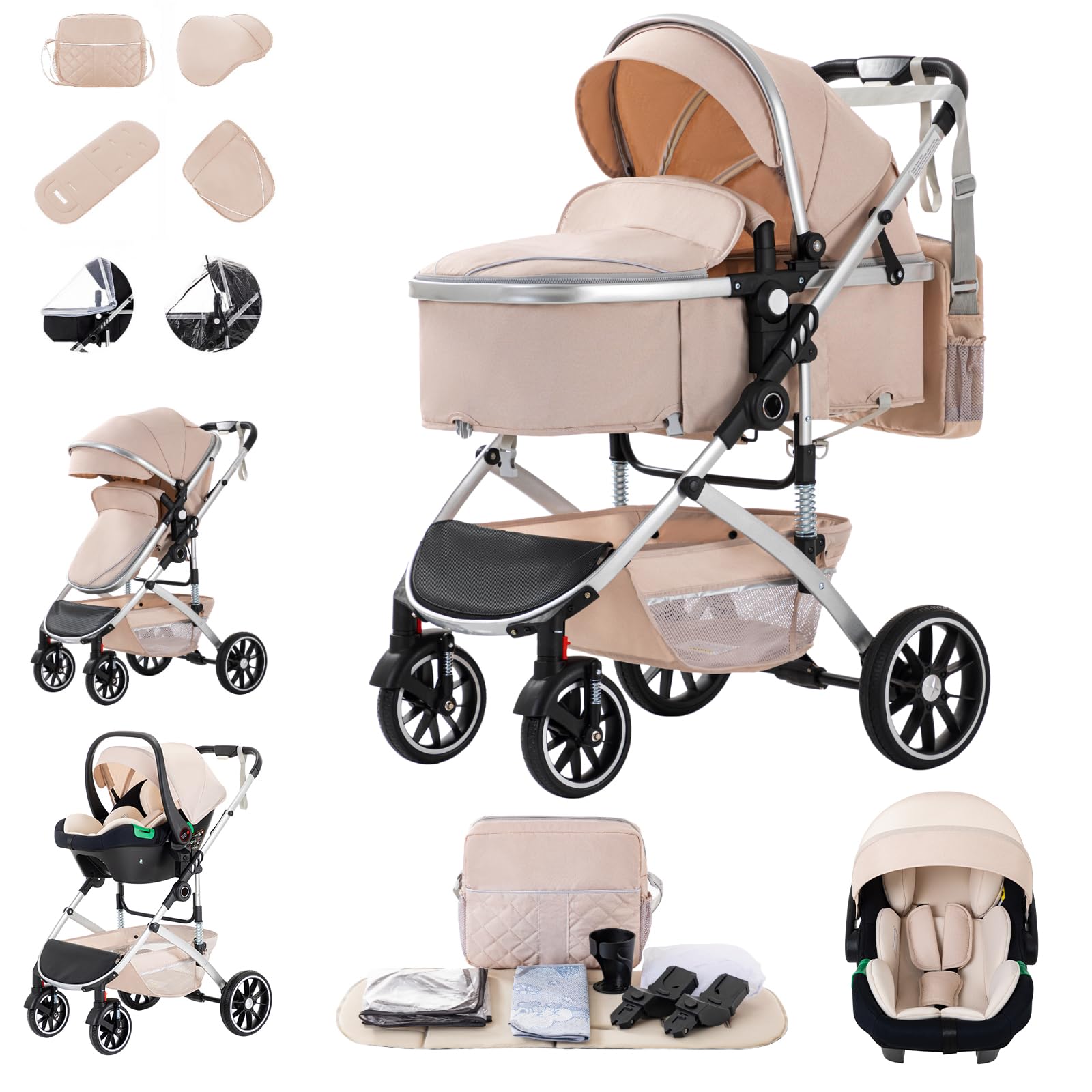 Zkiprm Cochecito de bebé 3 en 1 con sistema de viaje con capazo, hasta 22 kg, plegable, marco de aluminio, mosquitera, cubierta de lluvia, bolso mamá, 0-4 años, Blanco