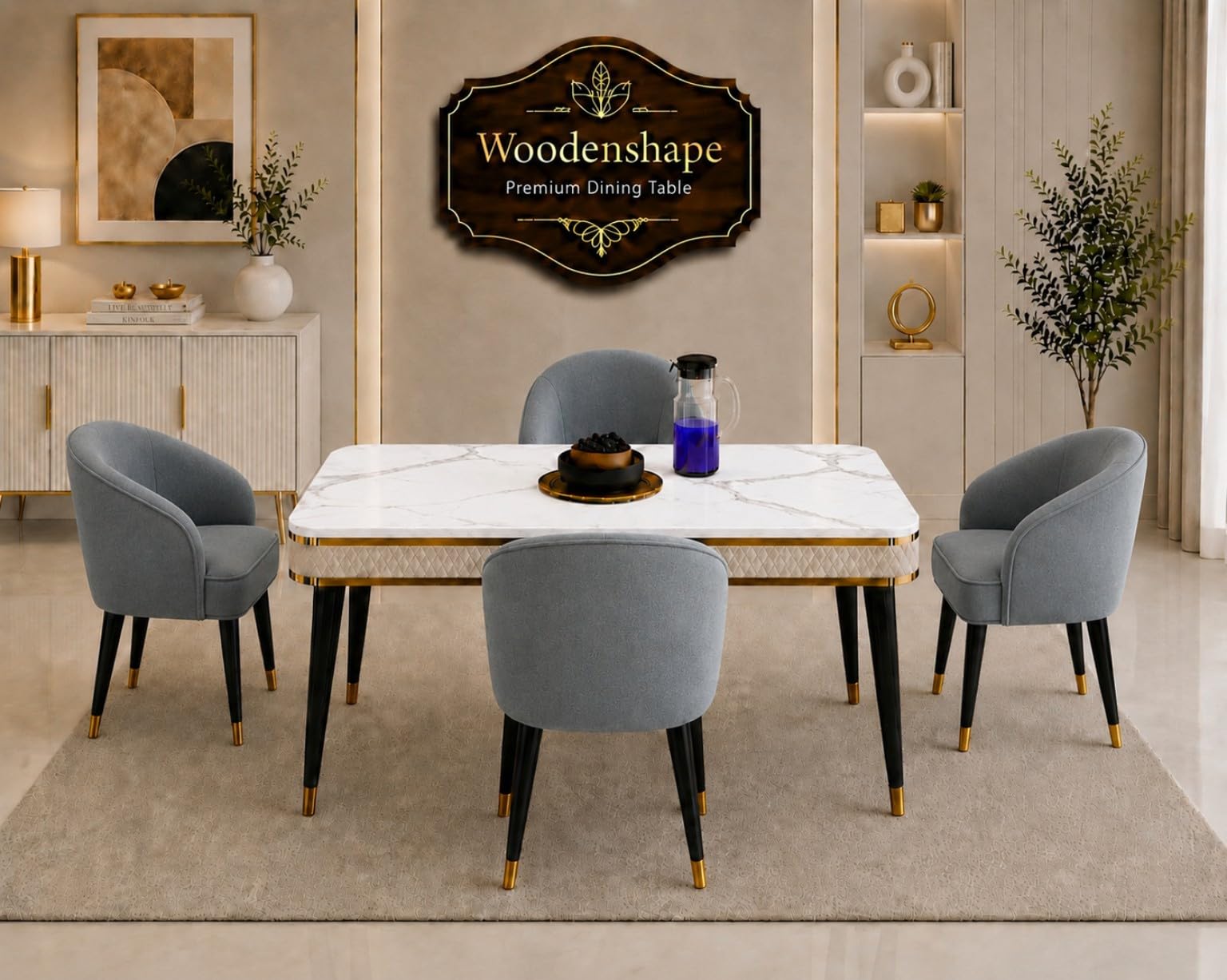 4-Seater Wooden Dining Table Set | Nano Composite Marble-Top Dining Table with 4 Cushioned Chairs | Dining Room & Kitchen Furniturs Set | 2 Year Warranty | [ 56x36x30 inch ] (Grey)-picture-38