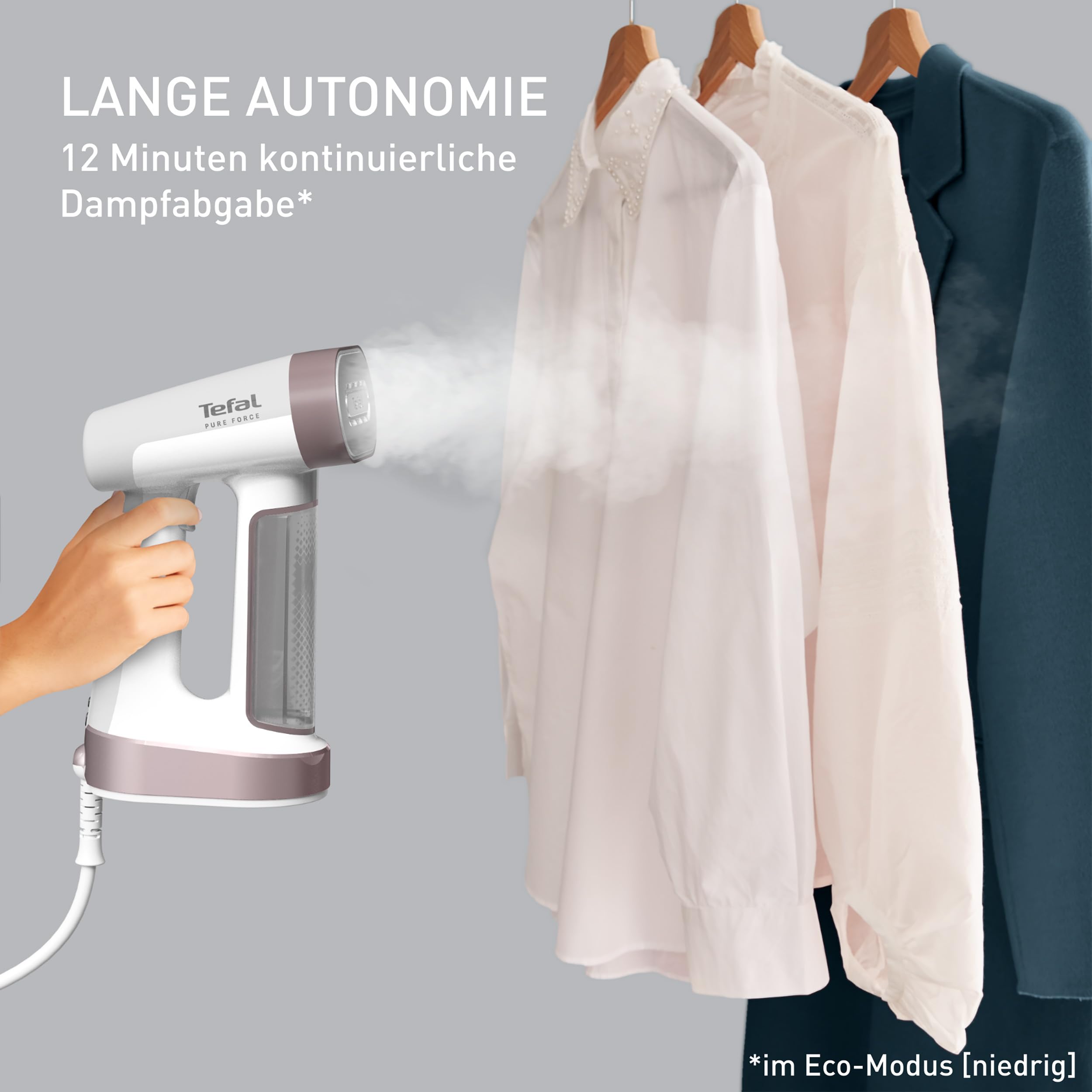 Tefal Pure Force 2-in-1 Dampfbürste, vertikal Dampfen, horizontal Bügeln, 12 Min. ununterbrochenen Dampf, 4 Stufen, Boost-Funktion, beseitigt 99,99 Prozent der Bakterien, 25 Sek. Aufheizzeit, DT8720E0