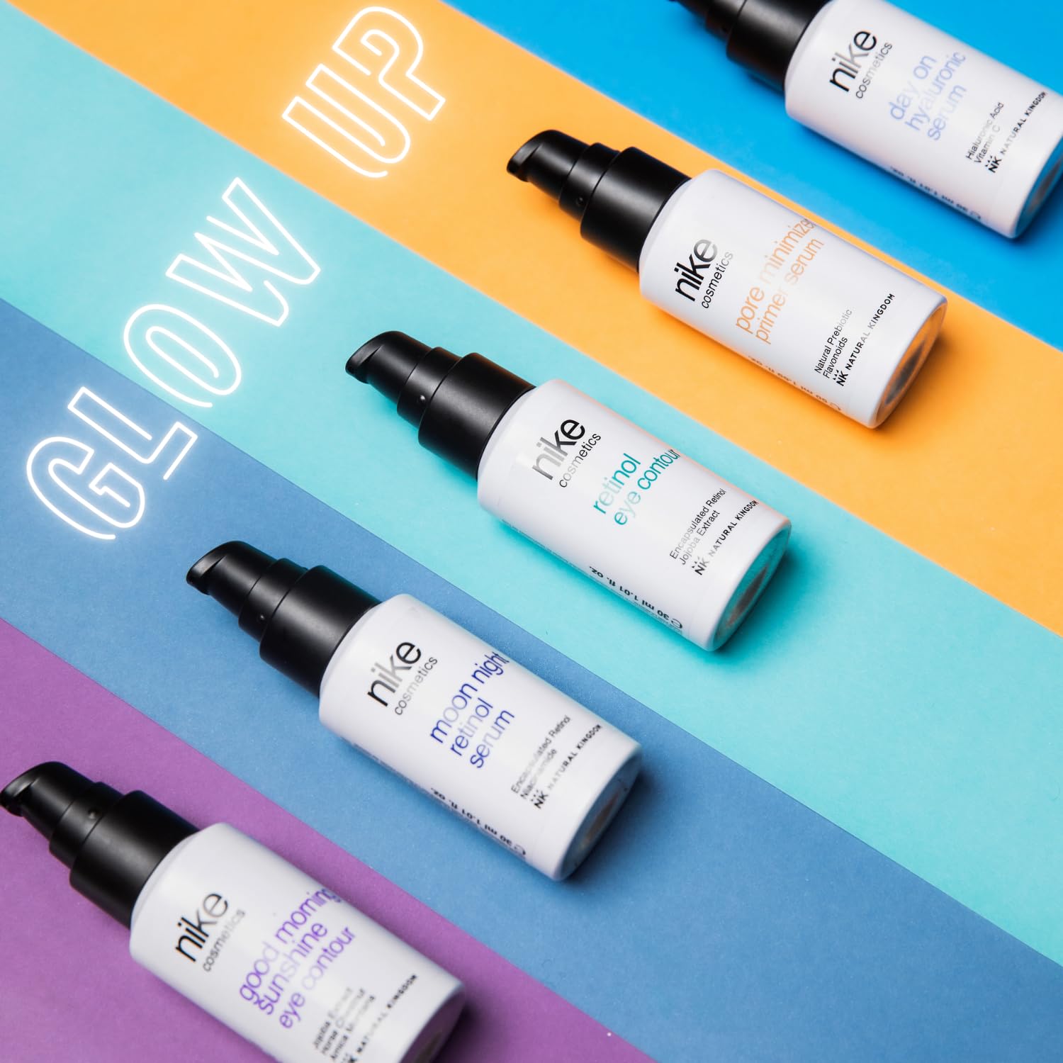 NIKECOSMETICS - Pack Glow Up, Sérums Day On Hyaluronic 30 ml + Moon Night Retinol 30 ml + Pore Minimizer 50 ml + Contornos de Ojos Retinol 30 ml + Good Morning Sunshine 30 ml, Fórmulas Veganas