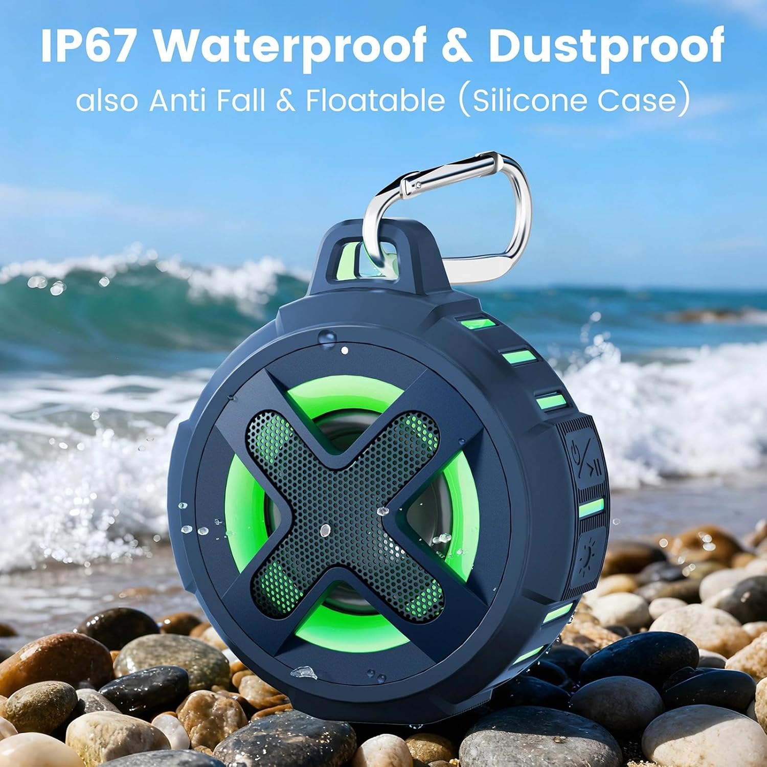 XLEADER X8, Upgraded, Portable Bluetooth Speaker, Certified IP67 Waterproof Shower Speaker, Silicone Case, 10W Bass, 24Hrs Playtime, Small, Floating, RGB Lights, Clip, for Pool Beach Kayak, Sea Blue
