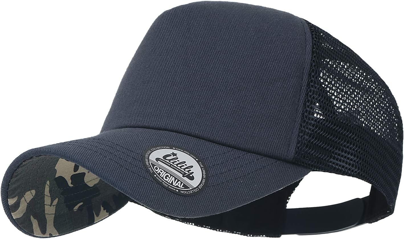 ililily Extra Big Size Adjustable Mesh Back Curved Baseball Cap Trucker Hat (Large, Blue Camo)