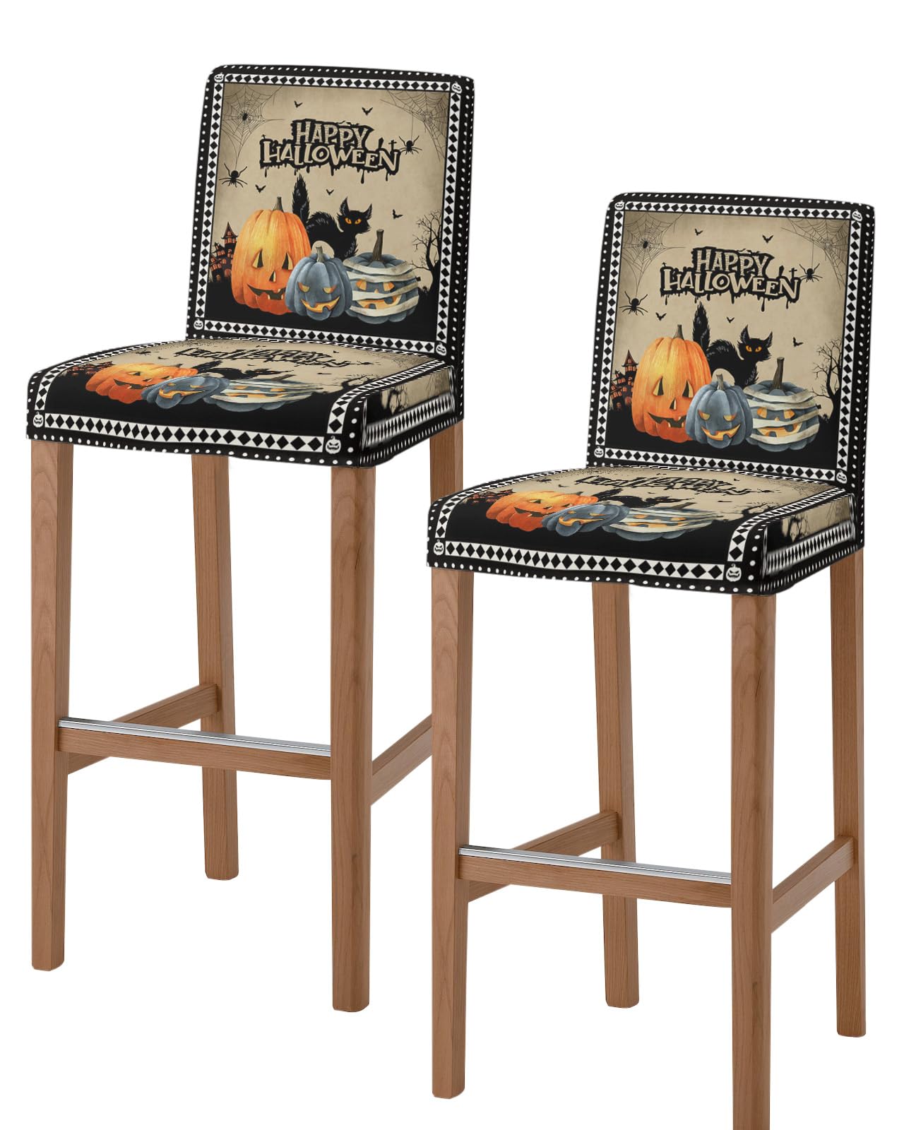 PIEPLE Halloween Bar Stool Cover Set of 2, Horror Cat Pumpkin Castle Black White Plaid Stretch Removable Bar Stool Chair Covers with Backs Pub Counter Stool Chair Slipcover for Dining Room Cafe