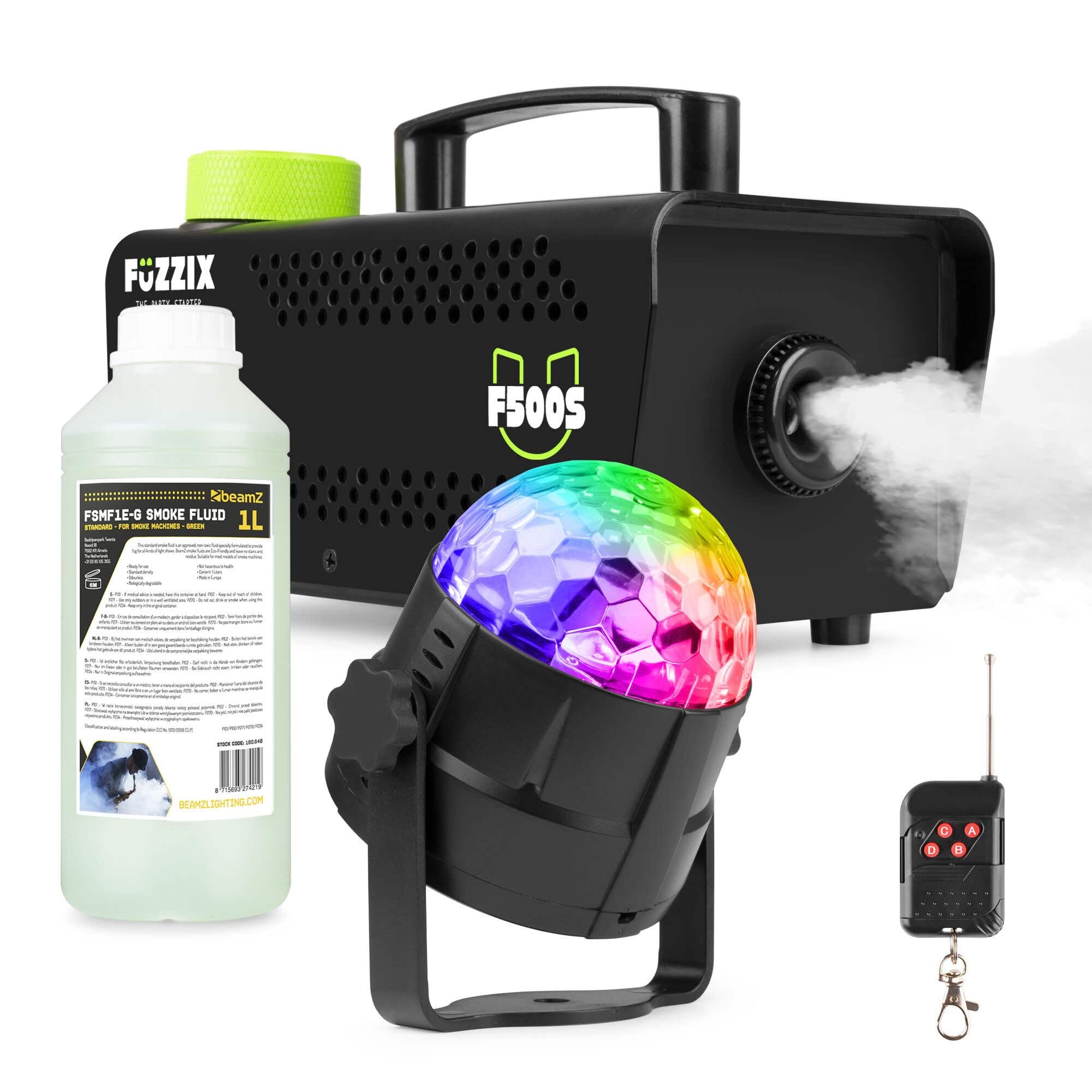 Fuzzix Partyset komplett - F500 Nebelmaschine Komplettset inkl. 1L Nebelfluid und Tornado LED Discokugel, Nebelmaschine mit Lichteffekt - Rauchmaschine - Halloween Party Set - Schwarz