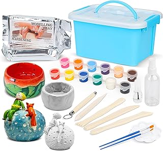 TOMMYHOME Ton Lufttrocknend für Anfänger,Enthält 1000g lufttrocknenden Ton.DIY-Set zum Töpfern für Kinder,Töpfer Set für Zuhause mit Werkzeugen,Farben,Pinseln,Glanzlack - Weiß