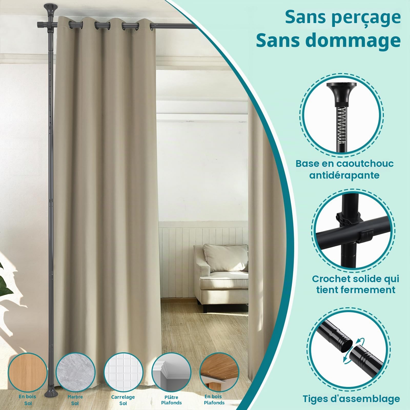DEROFIT Séparateur de pièce, tringle à rideaux sans perçage autoportante réglable et robuste pour diviser les rideaux suspendus, 71,1 à 177,8 cm (l) 1,2 à 3 m (H)