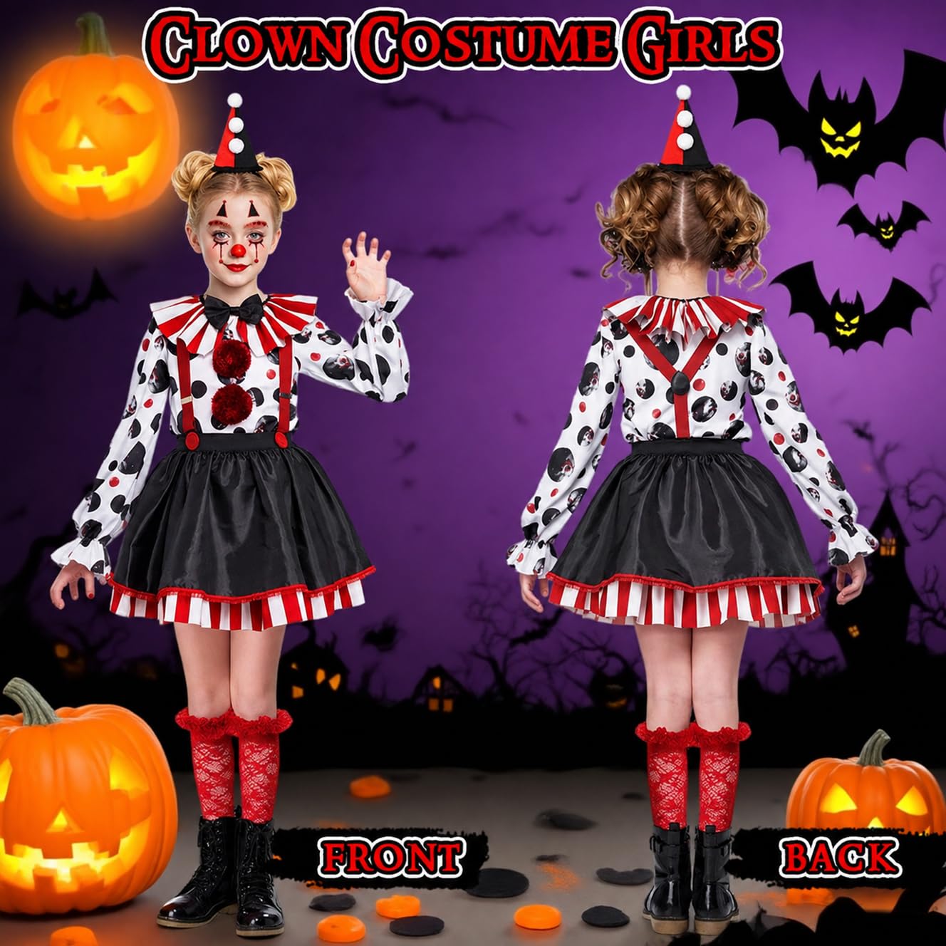Costume da Clown per Bambina, Halloween Costume Outfit con Cappello