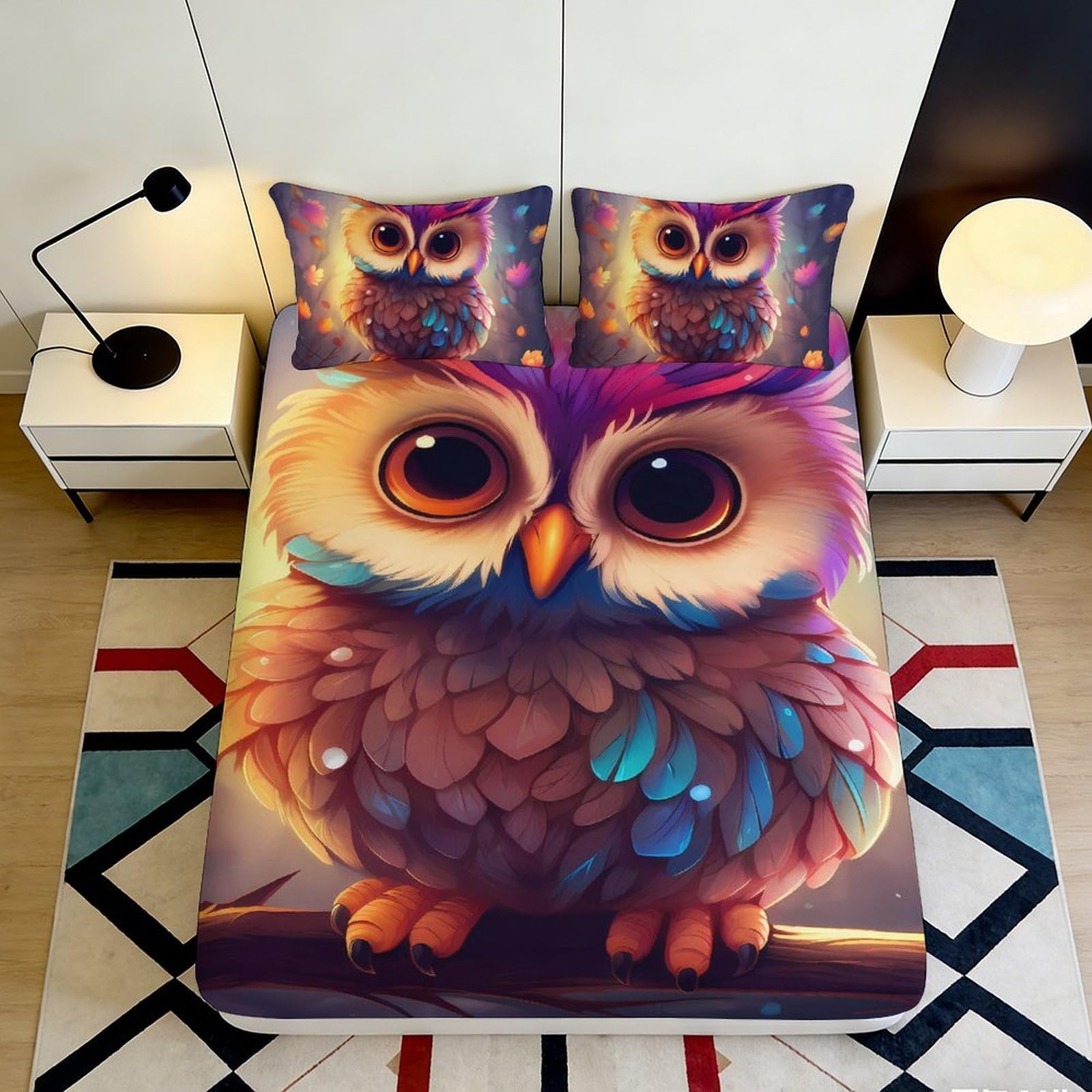 3D Printed Colorful Owl Fitted Sheet Microfiber Soft Breathable Dreamy Night Bed Cover for Bedroom Dorm Decor 90x200x25cm