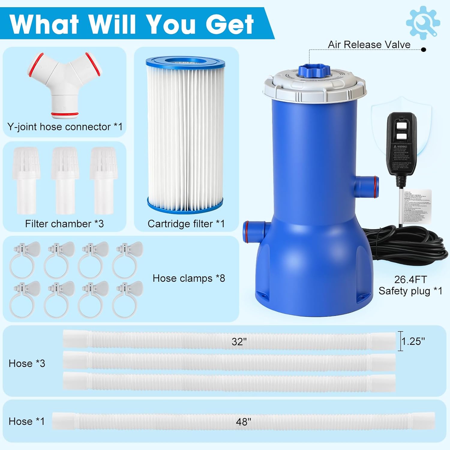 Pool Pumps Above Ground, 1000 Gallon Pool Filter Pump – Powerful Pools Filter Cartridge with Circulation System & Safety Filtration – Quickly Get Crystal Clear Water for with Filters Pumps