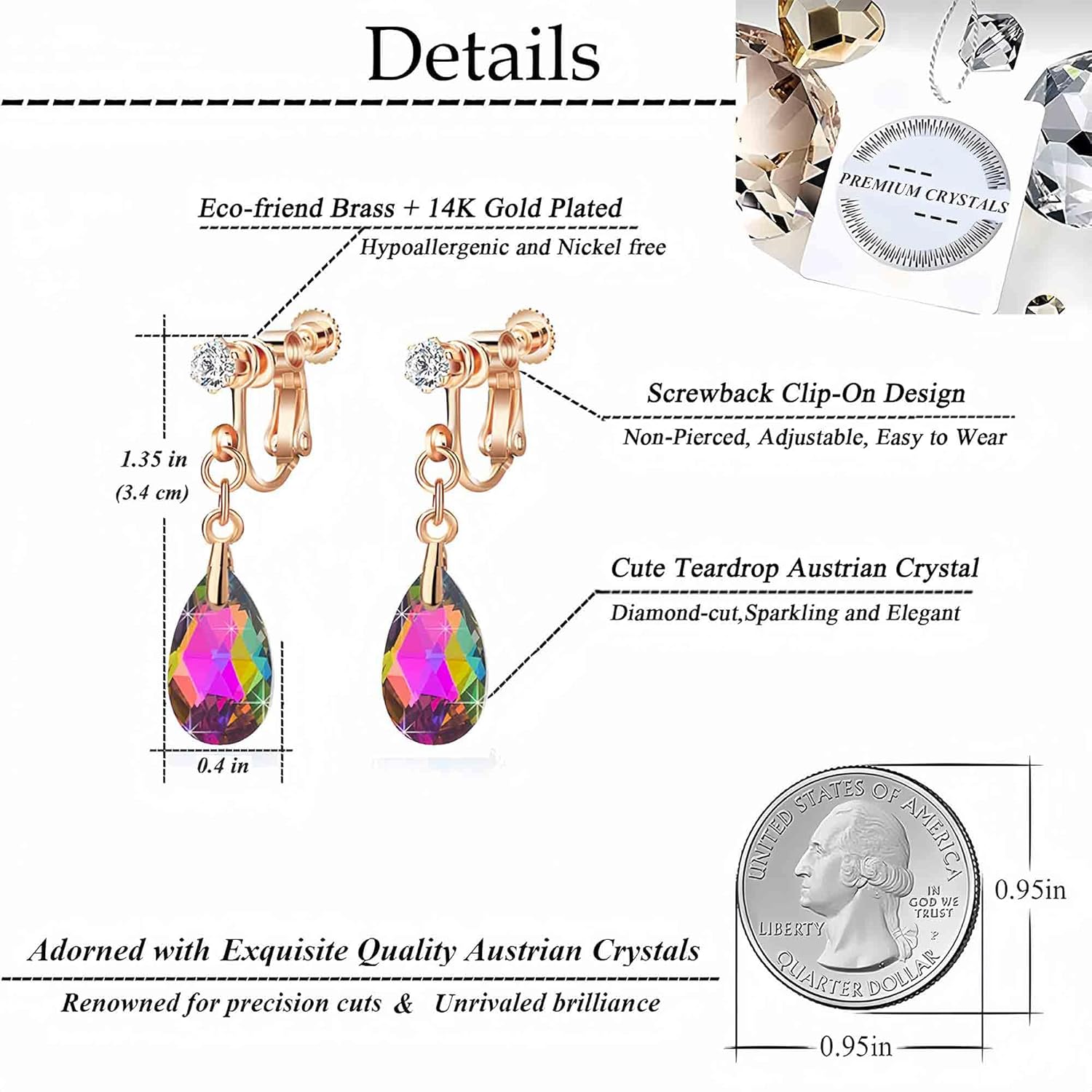 Teardrop Austrian Crystal Drop Clip On Dangle Earrings for Women Non Pierced 14K Rose Gold Plated Hypoallergenic Jewelry - Image 4