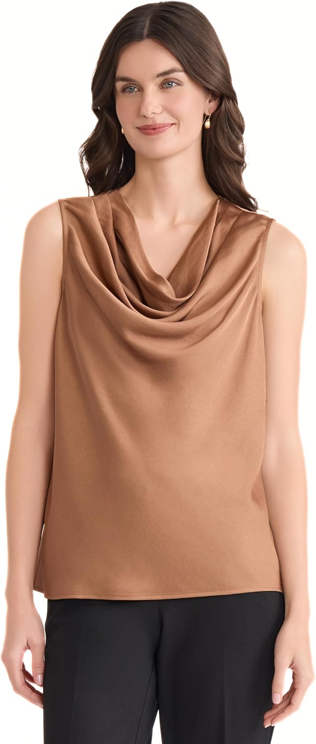 Kasper Womens Sleeveless Drape-Neck Satin Top