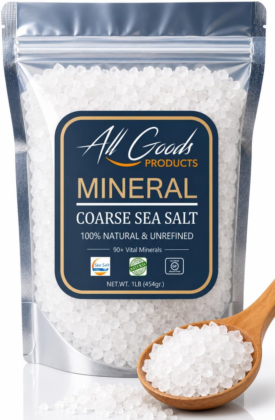 All Goods Mineral Sea Salt - 16 oz Coarse Grain, 100% Natural, Hand-Harvested, Rich in 90+ Essential Minerals, 30% Less Sodium, Kosher, Unrefined.