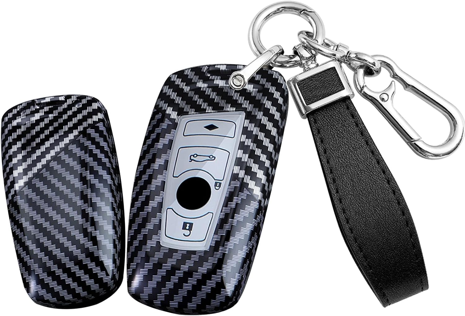 SANRILY Carbon Fiber Pattern Black-Silver Smart Key Fob Cover Case Fit for BMW F30 F45 F55 G20 G30 X1 X3 X4 X5 X6 X7 3 5 7 8 M5 M6 GT Keyless with Leather Keychain