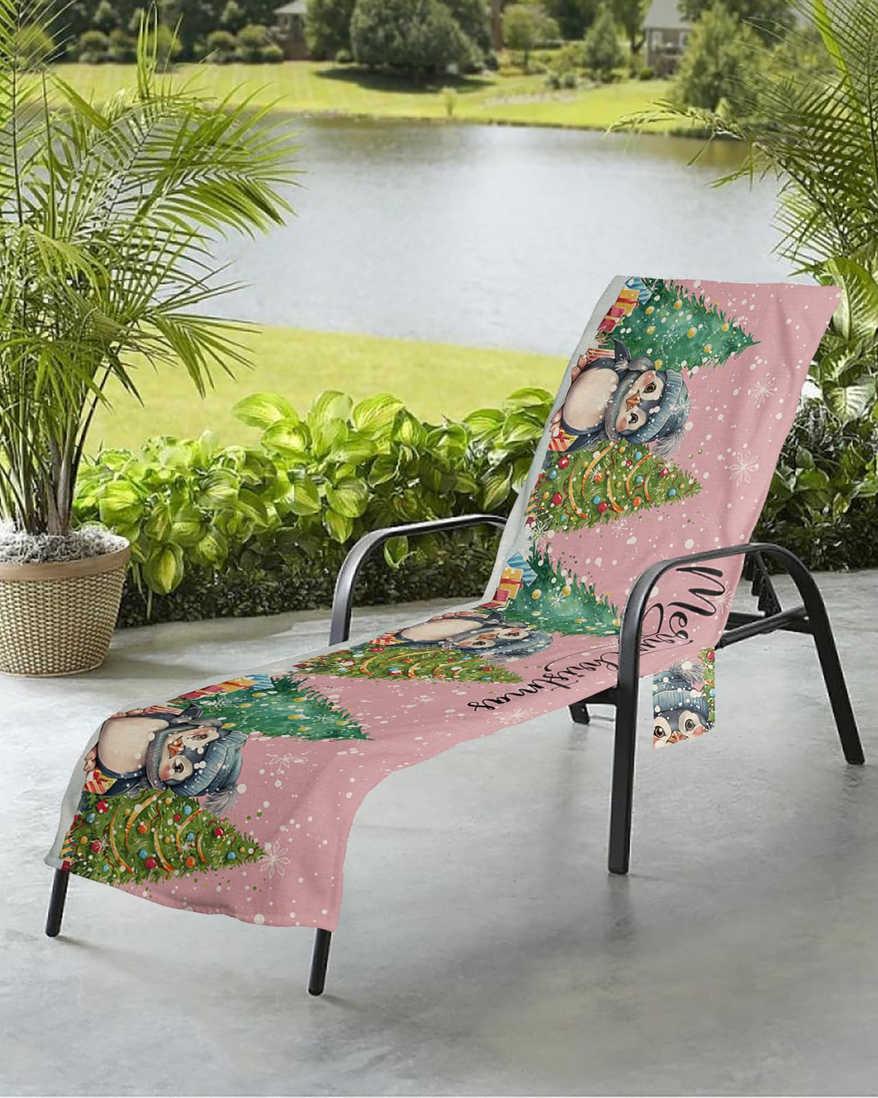 Christmas Penguin Beach Chair Towel Covers for Chaise Lounge with Side Pocket, Soft Plush Pool Towels Cover for Patio Sunbathing Outdoor 29''x85'' Watercolor Blush Pink Pine Tree
