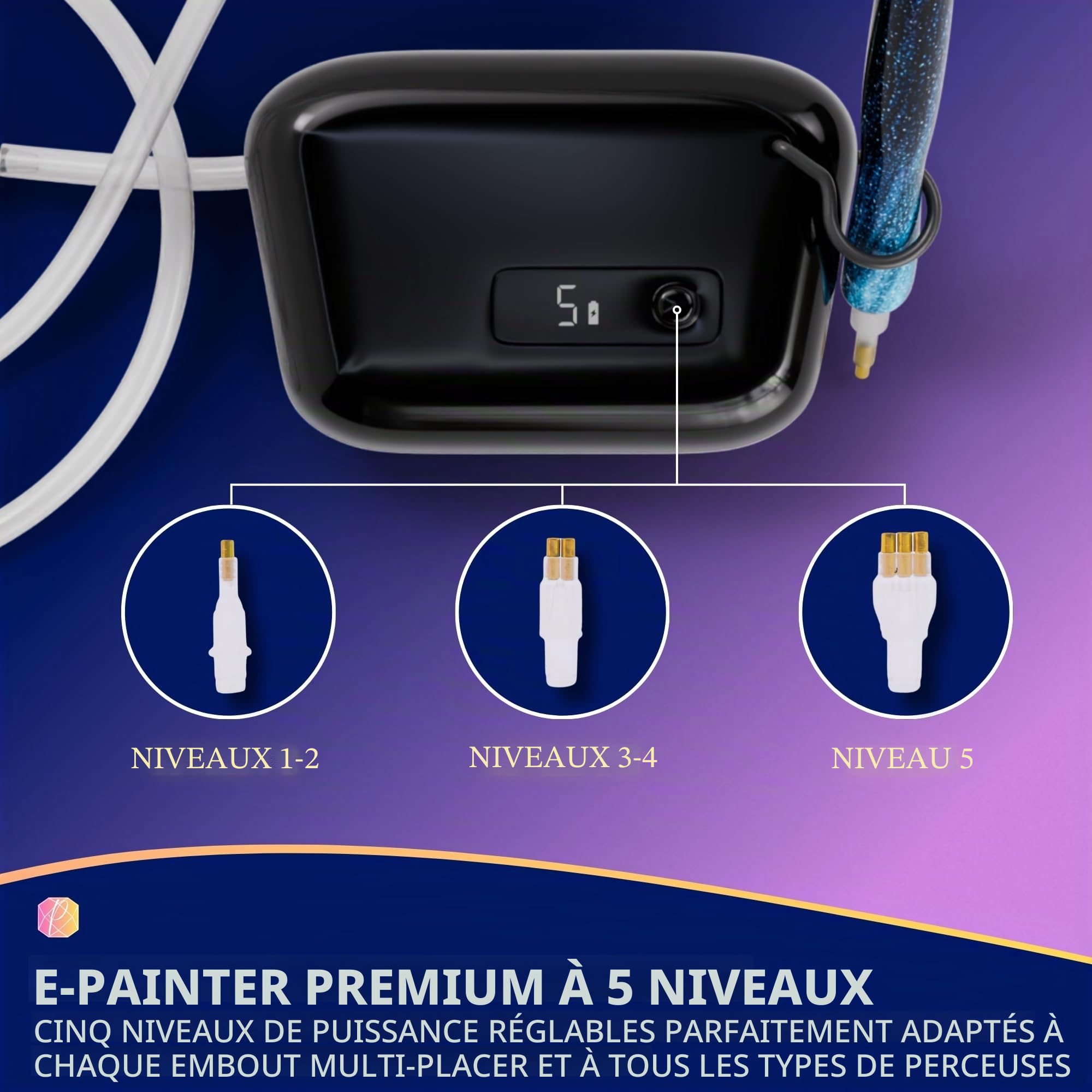 Picmondoo - E-Painter pour peinture à diamant avec affichage numérique et 5 vitesses - Stylo de peinture à diamant sans fil avec pompe à vide et accessoires pour poser les pierres AB sans cire