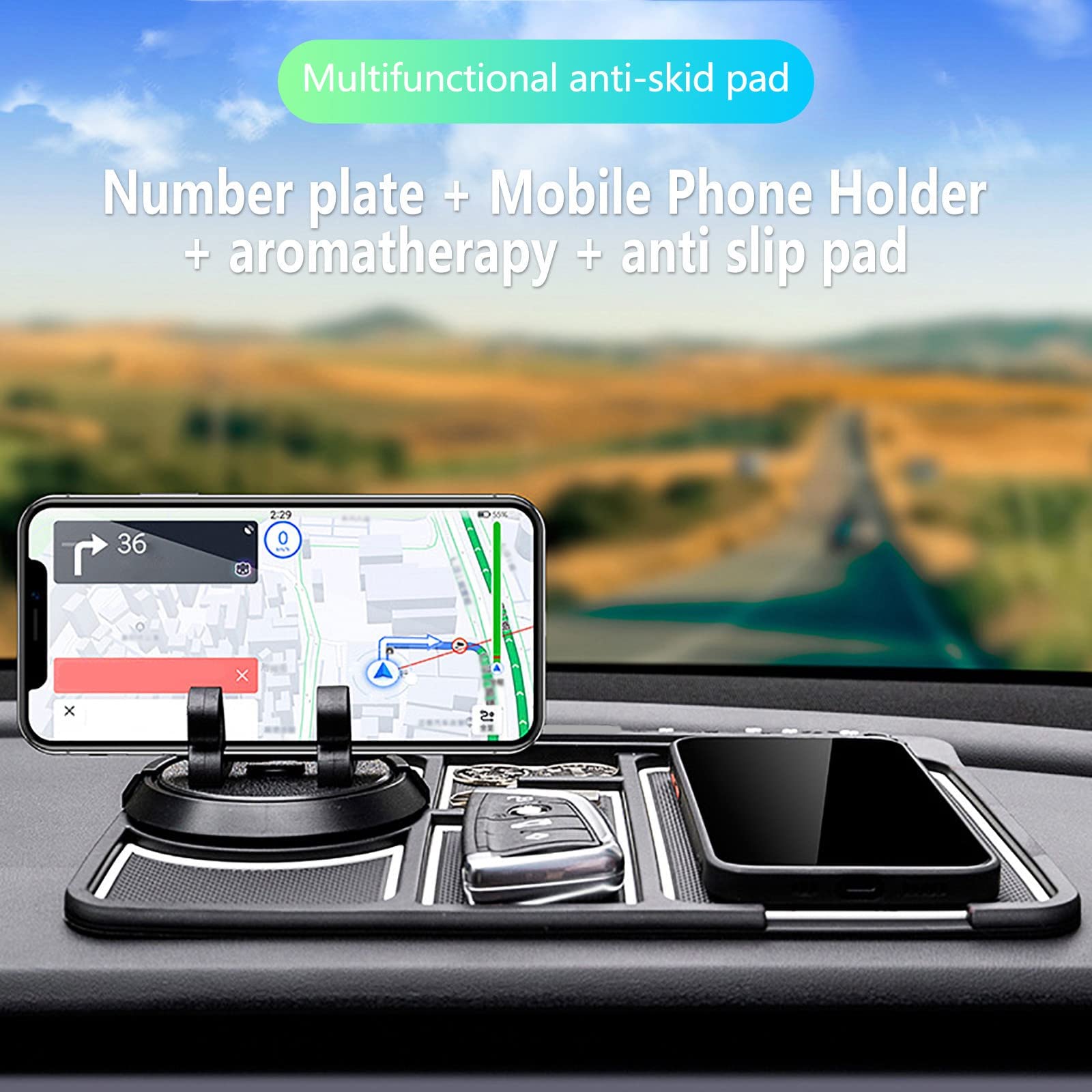 4'ü 1 arada araba için kaymaz telefon pedi, 2023 Karanlıkta Yeni Havalı Parlayan Araba Gösterge Paneli Telefon Paspası Geçici Otopark Kartı Plaka ve Aromaterapi ile, Sarsıntı Önleyici Ped Evrensel