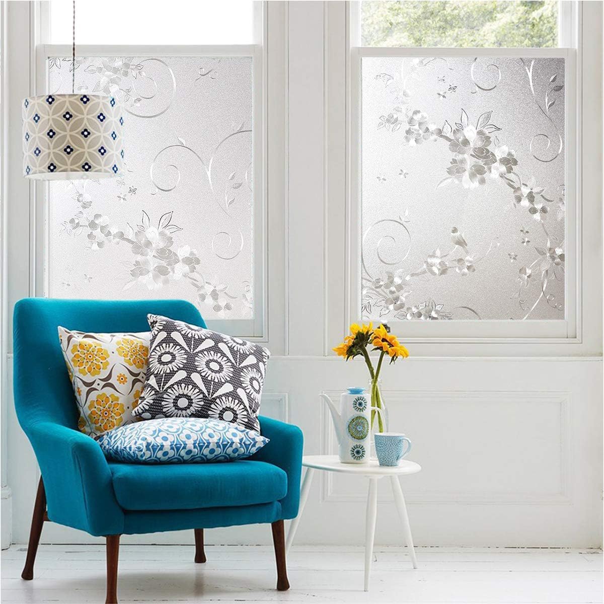 Frosted Privacy Window Film, No-Glue Stained Glass Window Decor/Privacy Protection/Heat Control/Anti UV, Iron Flower Stained Glass Static Cling for Home/Office, 23.5x78.5 inch