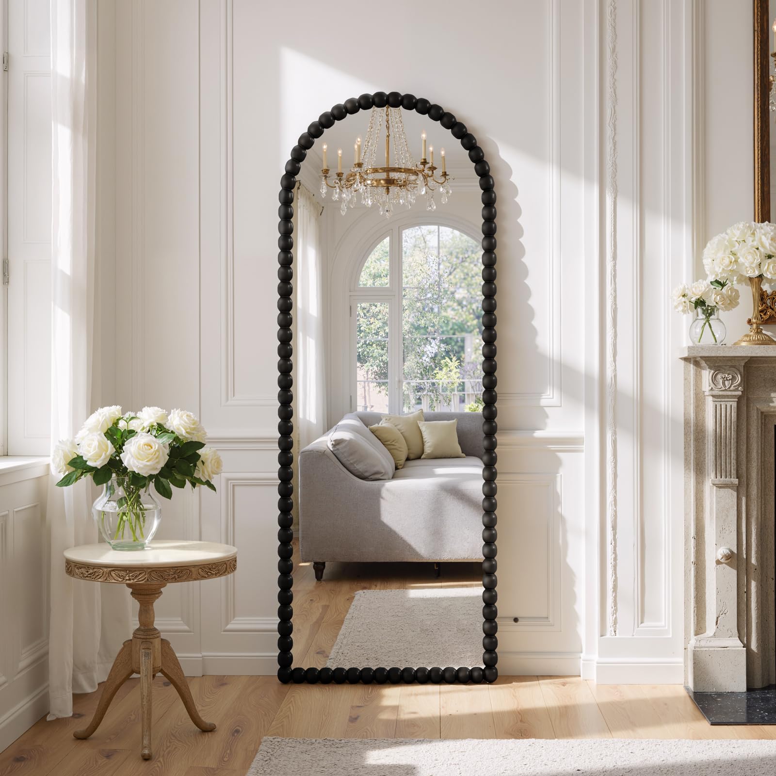 Reflix Specchio da terra vintage, 145 x 53 cm, nero, grande specchio ad arco con cornice in poliuretano con perle antiche, specchio decorativo per soggiorno, camera da letto e corridoio