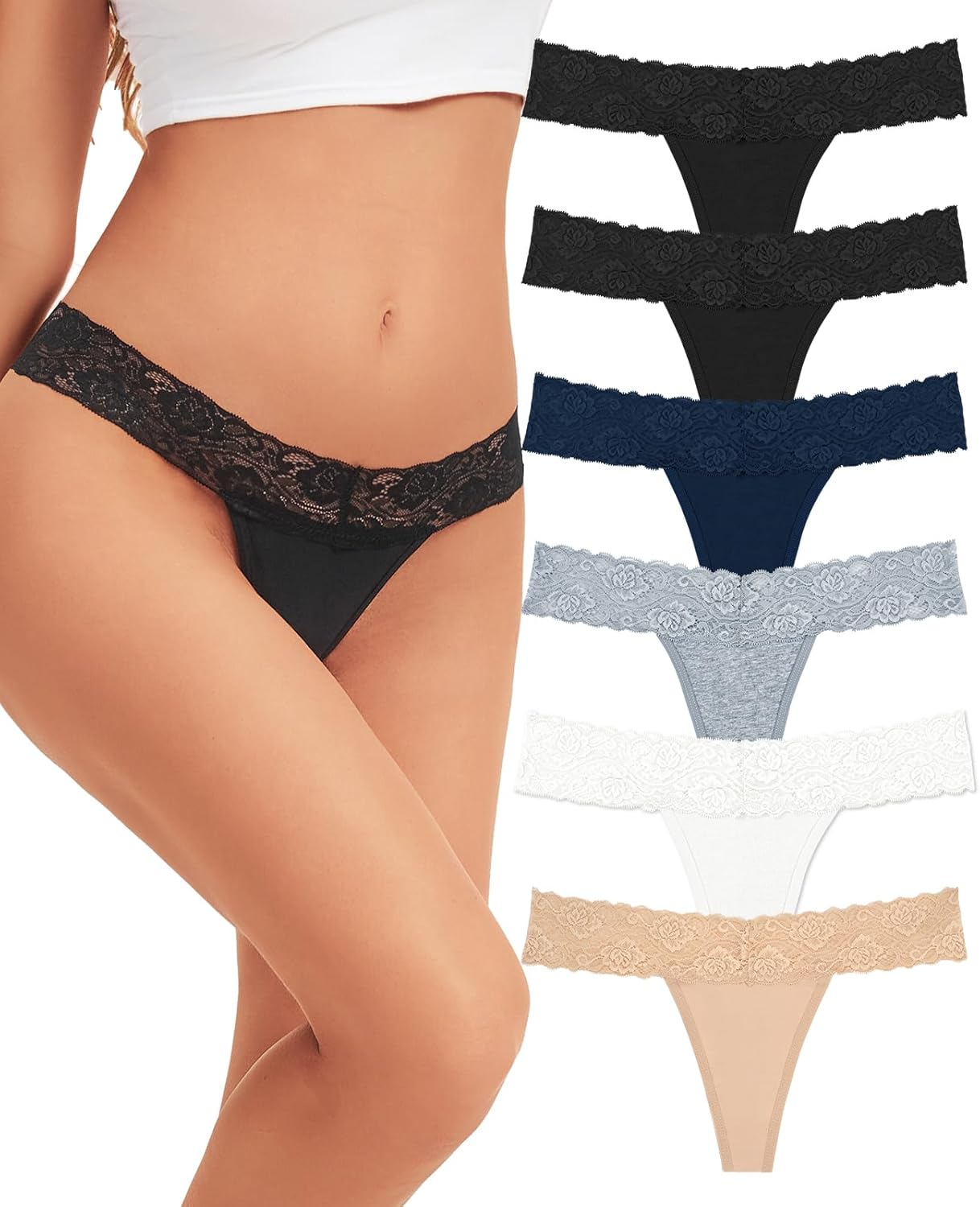 Sunm Boutique Lace Thongs for Women, Cotton Womens Underwear Pack, Sexy Low Rise T Back Cheeky Panties