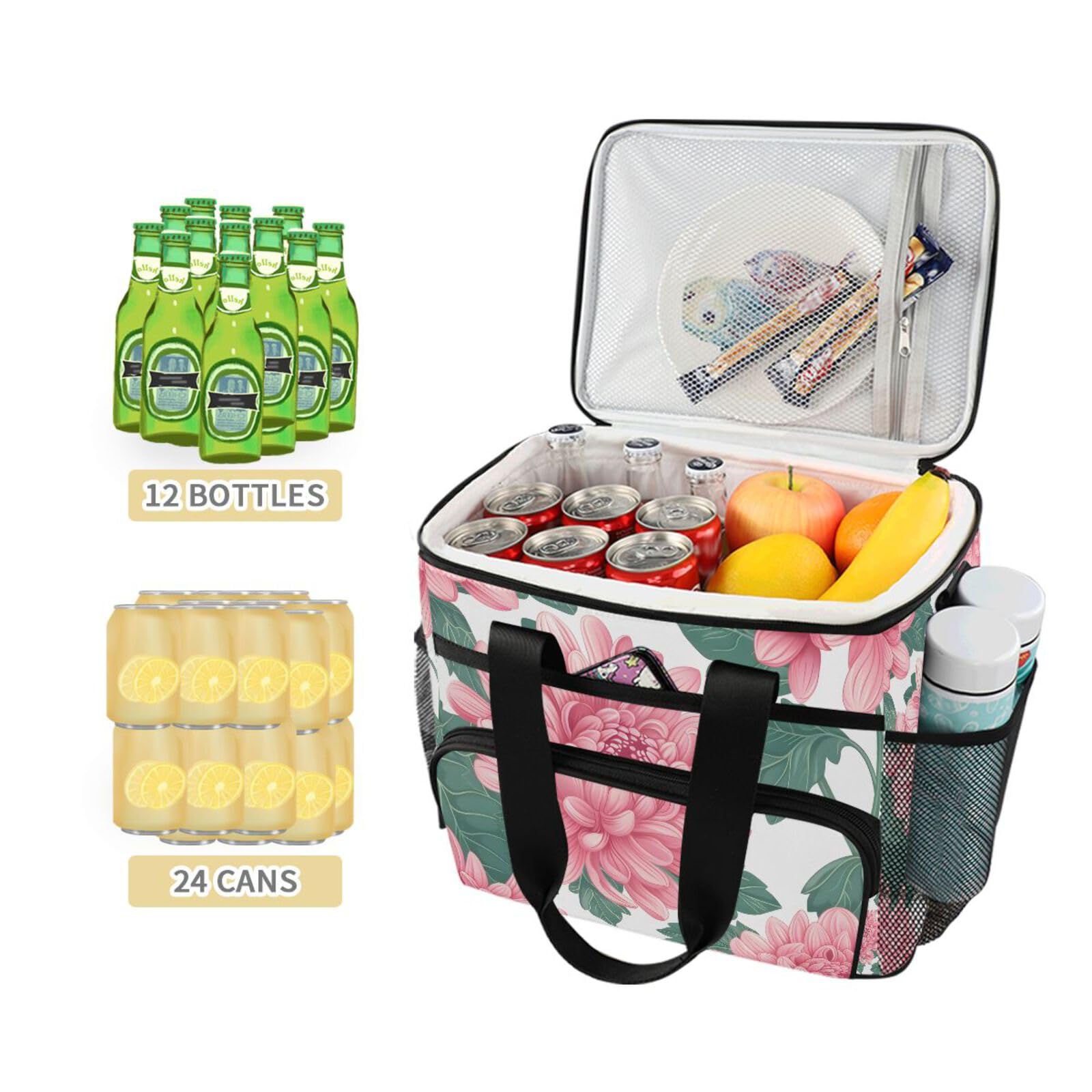 Bolsa térmica grande con diseño de flores rosas de peonía, bolsa térmica impermeable para picnic, 15 L, 24 latas, para adultos, hombres y mujeres