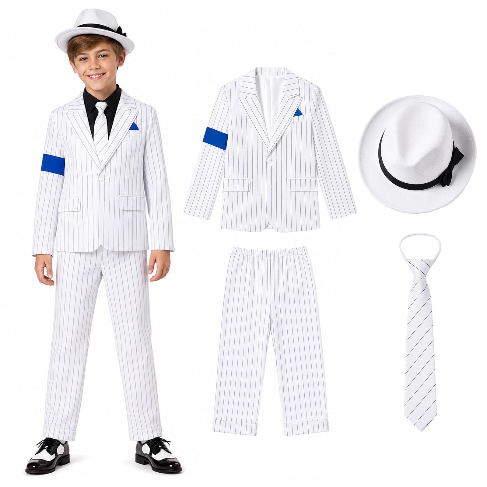 shyhand Deluxe Pop Star Red jacket Kids, 80s Rockstar Costume Fancy Dress Disco Musician Outfits Sunglasses for Performance Party (White Suit, Medium)