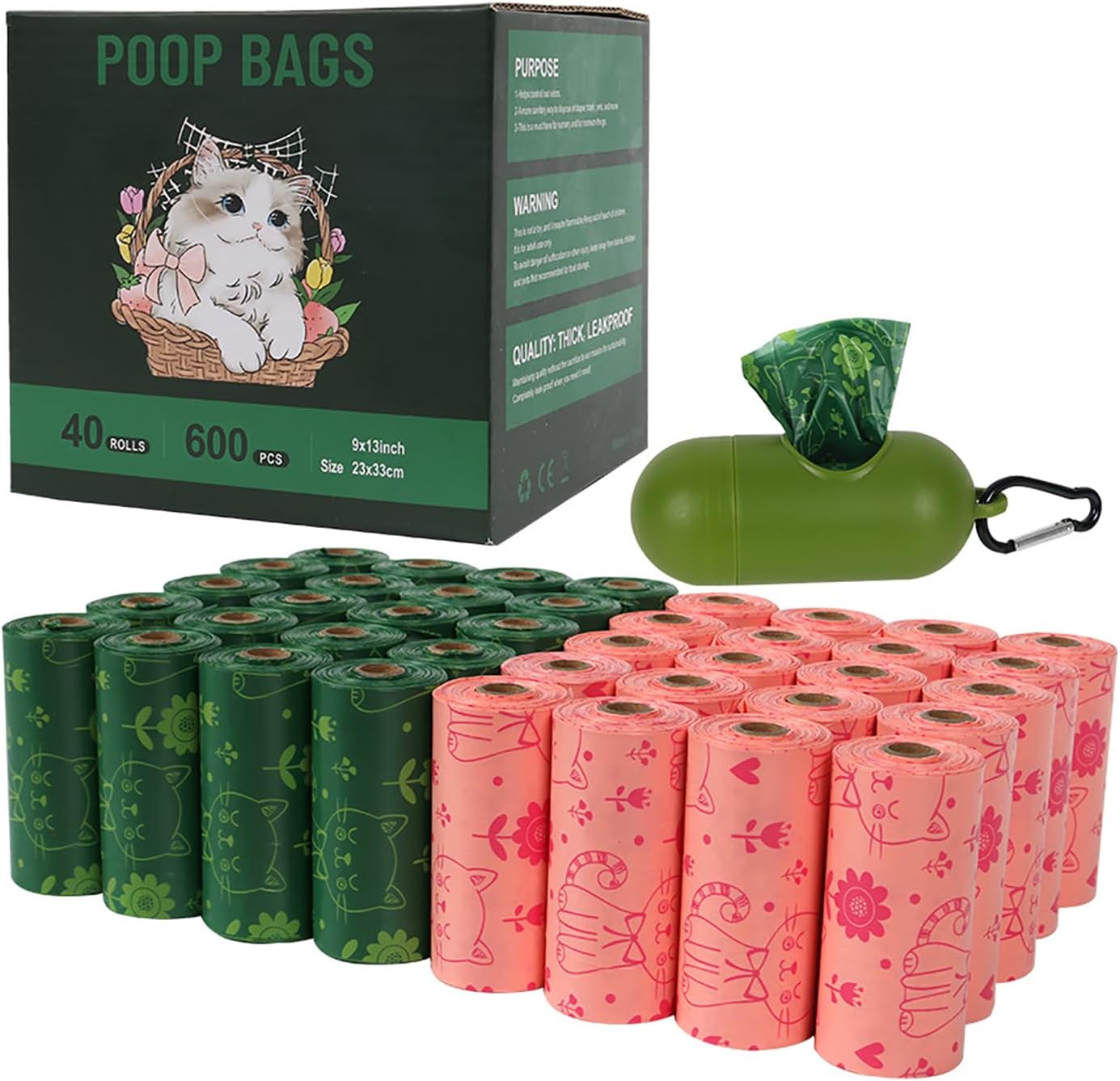 40PCS Pet Waste Sacks with Bag Dispenser, Certified Compostable Dog Poop Bags Landfill Friendly and Leakproof Dog Waste Bags (Pink & Green)