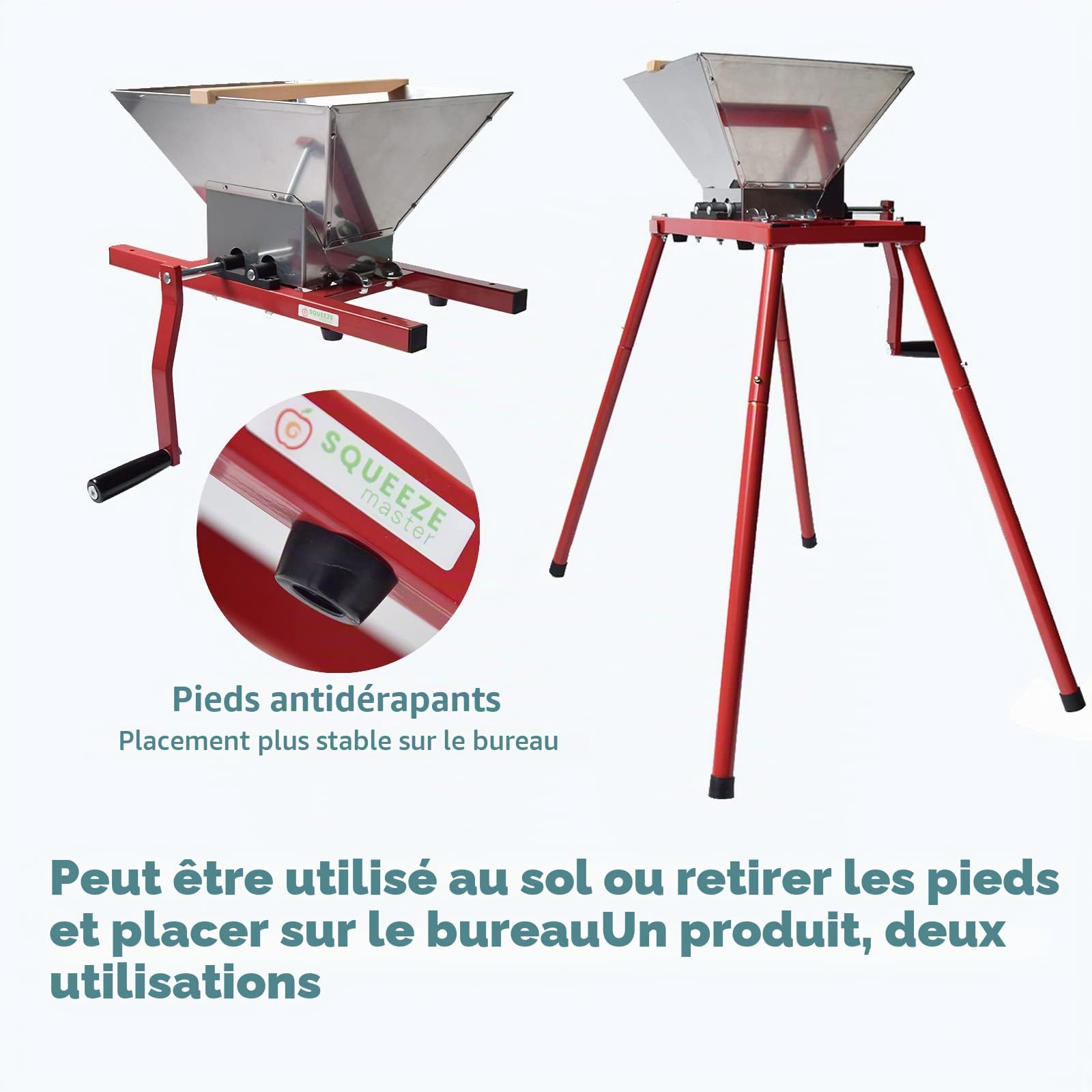 SQUEEZE master Moulin à fruits 7 l avec support, presse-pommes en acier inoxydable, moulin manuel de 7 l, entonnoir en acier inoxydable, dents en nylon