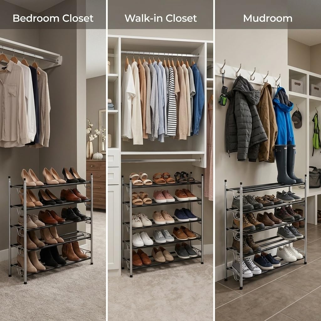 USTECH Shoe Rack Organizer, Sturdy Shoe Storage Organizer for Entryway | Expandable Metal Shelf Shoe Rack for Closet, Bedroom, Shoe Storage Shelves, Space Saver Wide | Assembled (5 Tier)