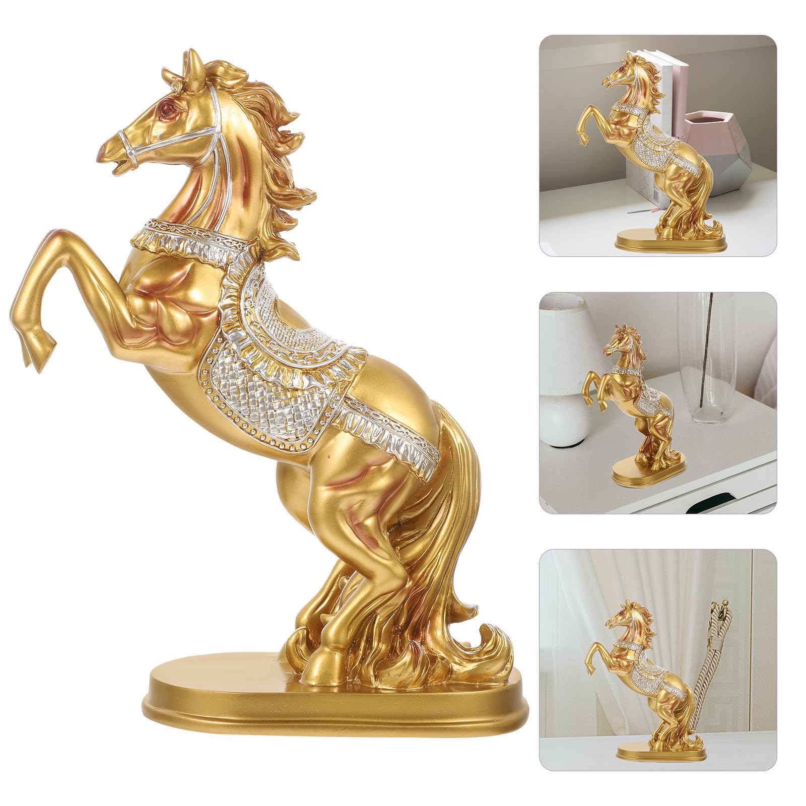 Statuetta Cavallo in Resina Oro, Figura in Piedi per Studio e Ristorante
