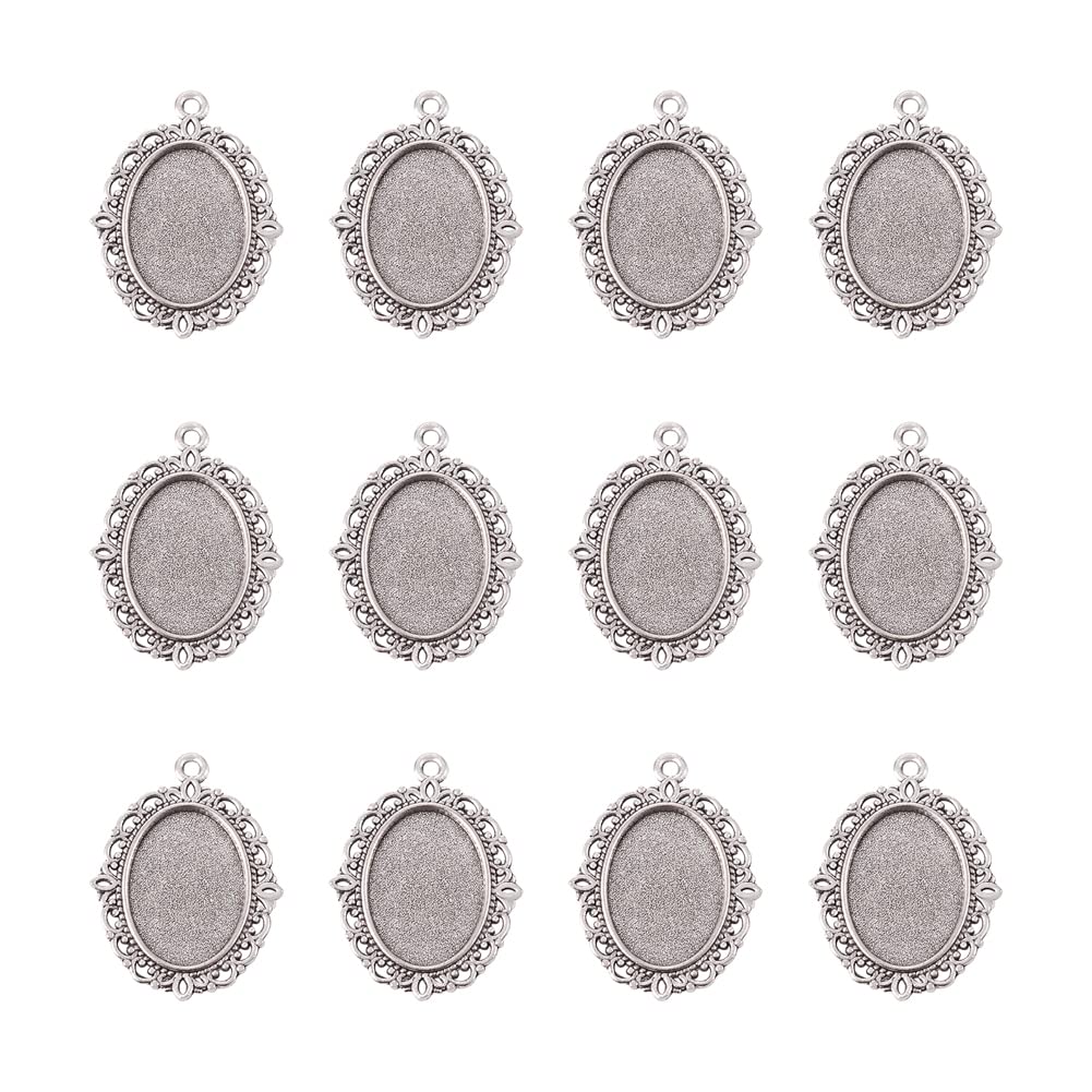 KISSITTY 50-Piece Antique Silver Oval Pendant Cabochon Settings 18x13mm Inner Dia. Blanks Cameo Bezel Trays Charms for Photo Jewelry Making