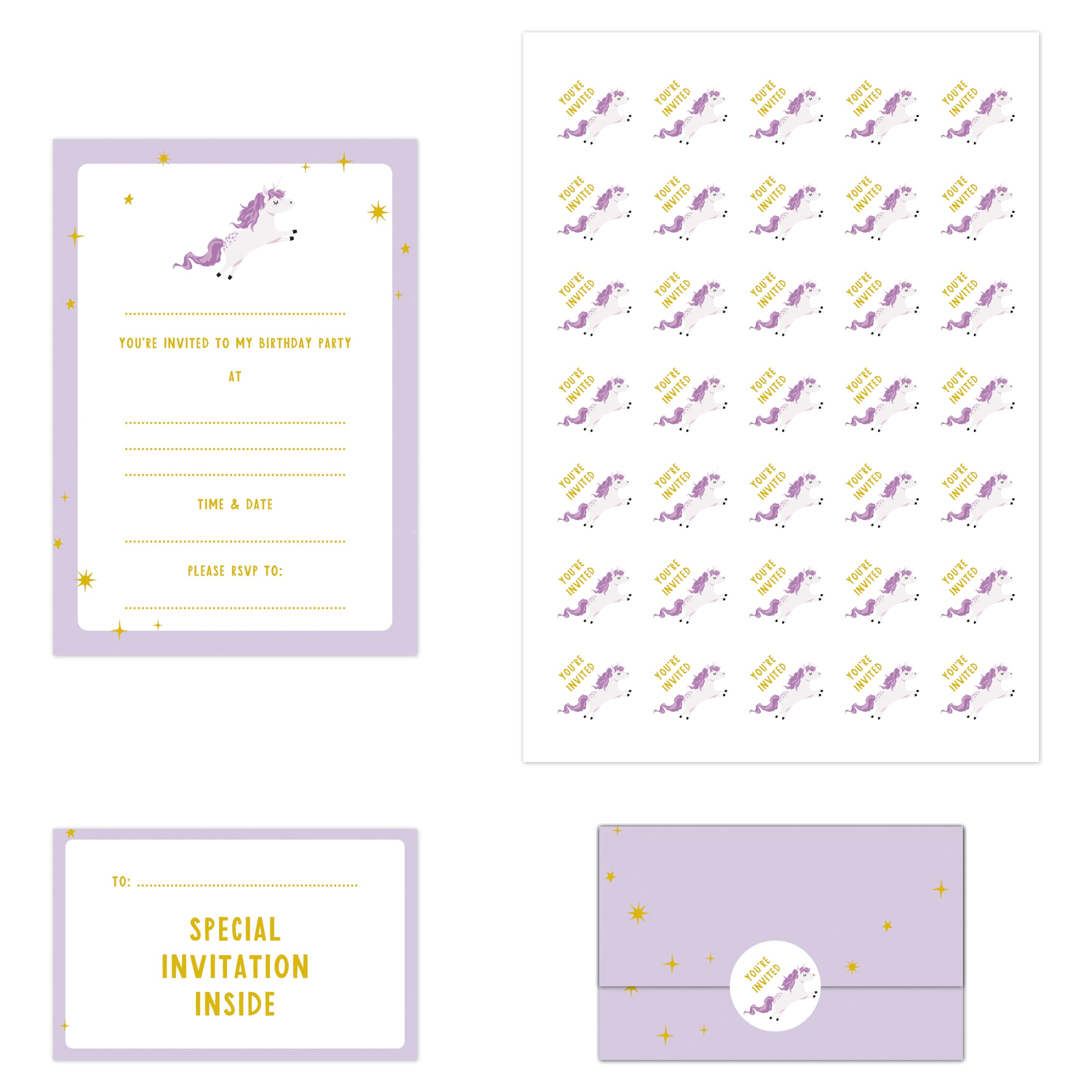 Manta Makes 35 Kids Childrens birthday party invitations, kids invites with envelope design for girls or boys with free stickers (Unicorn)