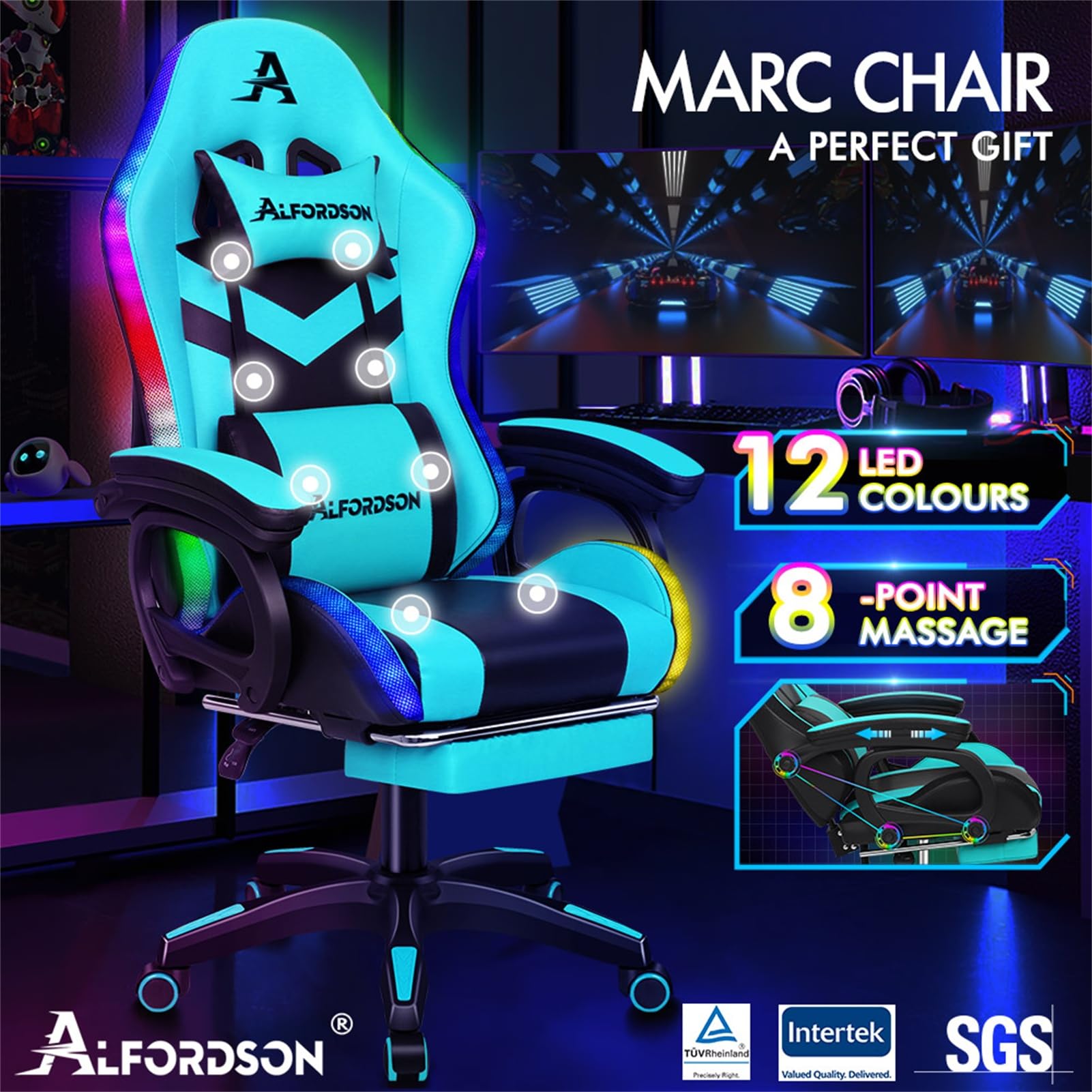 ALFORDSON Sedia da Gaming, Sedia da Gaming a LED con Illuminazione RGB a 12 Colori, Sedia da Gaming Massaggiante con Supporto Lombare, Poggiapiedi, Materiale PU, Ciano