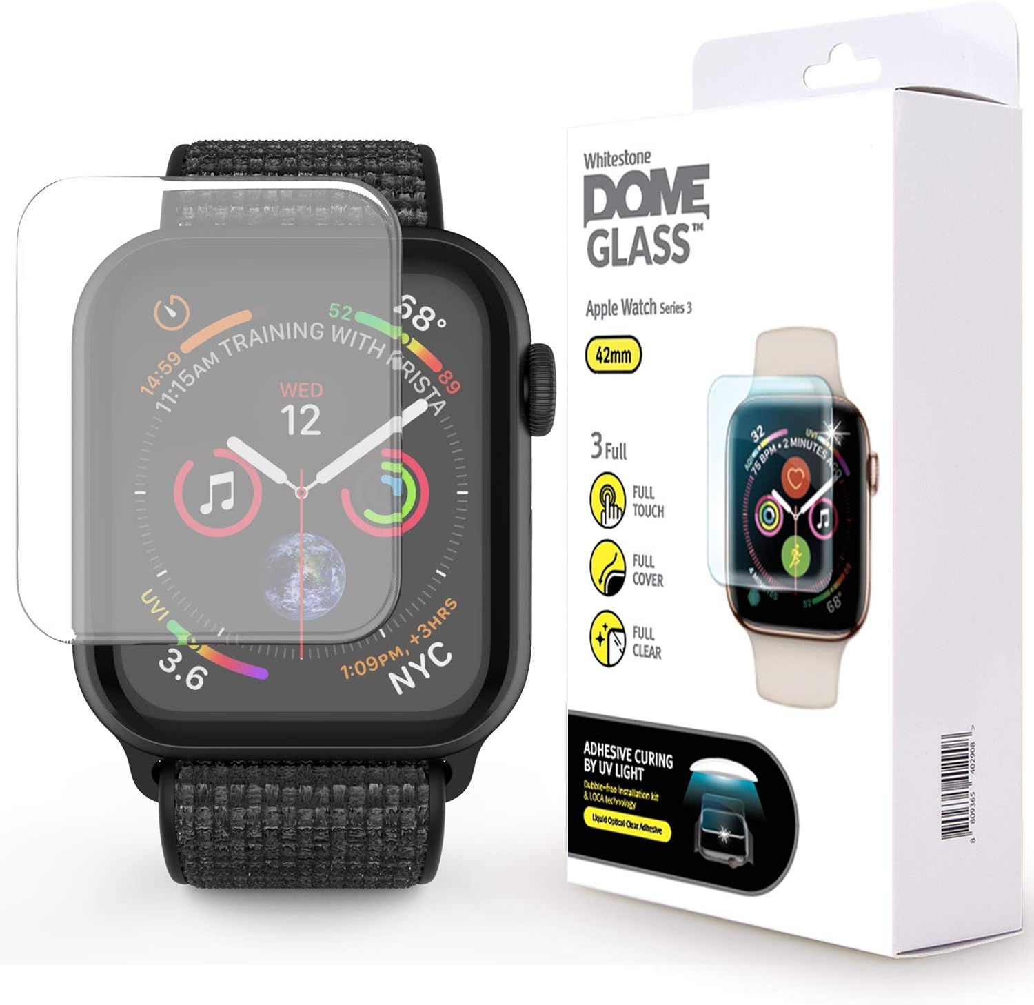DOME GLASS White Stone Apple Watch 42mm Screen Protector, Full Coverage Tempered Shield with Liquid Dispersion Tech, Easy Install Kit + UV Light for Apple Watch 42mm Series 4/5-2 Pack