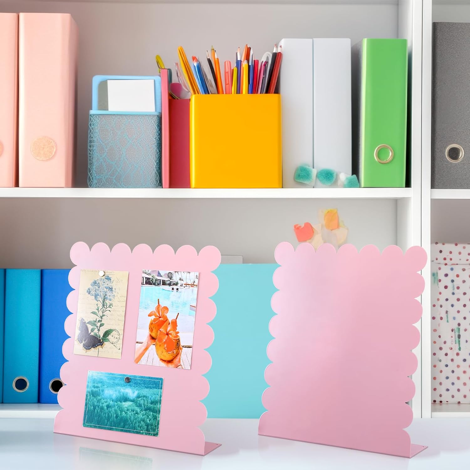 Gueevin 2 Pcs Magnet Board Standing Magnetic Metal Board for Desk and Wall 12.6" x 11" Scalloped Magnetic Display Stand for Memos, Photos and Documents Home Office School Supplies(Pink)