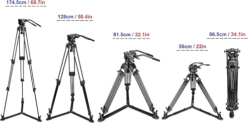 Vista 6 de MagicLine Trípode para cámara de video de aluminio resistente de 68.7 pulgadas con cabezal fluido, 2 asas de barra panorámica, separador de tierra