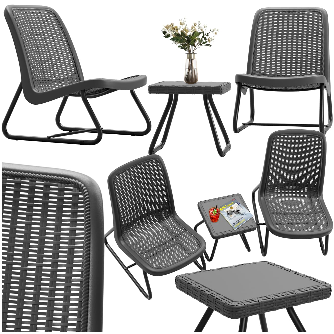 TecTake® Conjunto de Sillas de Jardín con Mesa Auxiliar, Ratán, Acero Recubierto, Antideslizante, Mobiliario Jardin, Conjunto Jardin Terraza, Sillones Jardin Exterior, Butacas Jardin - Gris