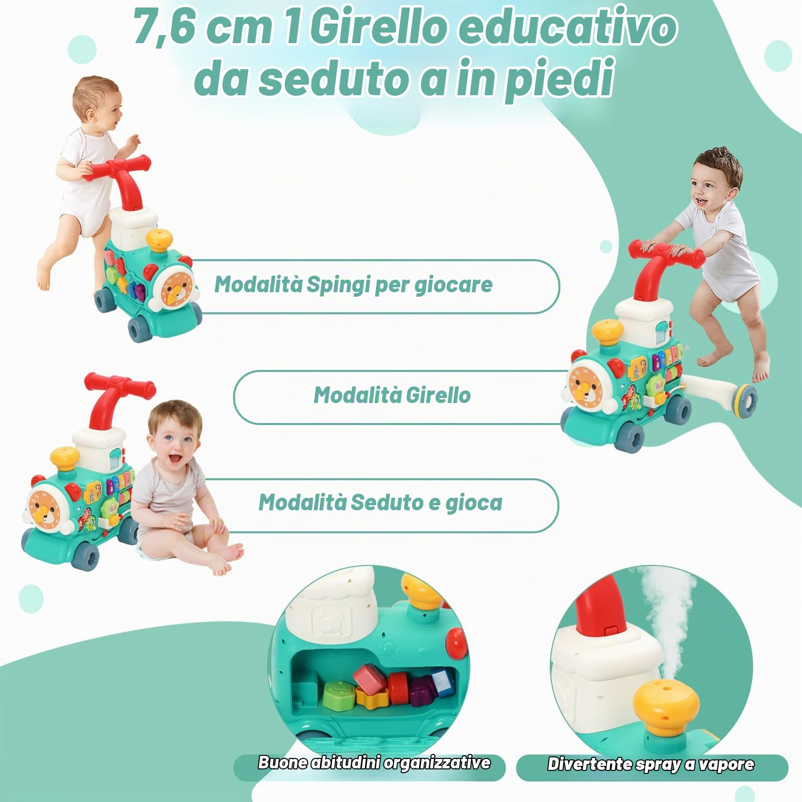 Girello per Bambini 3 in 1, Carrello Primi Passi con 10+ Gioco Educative, Luci & Musica, Effetto Nebbia, Velocità Regolabili, Centro Attività Montessori, Regalo per Ragazzi e Ragazze 6+ Mesi